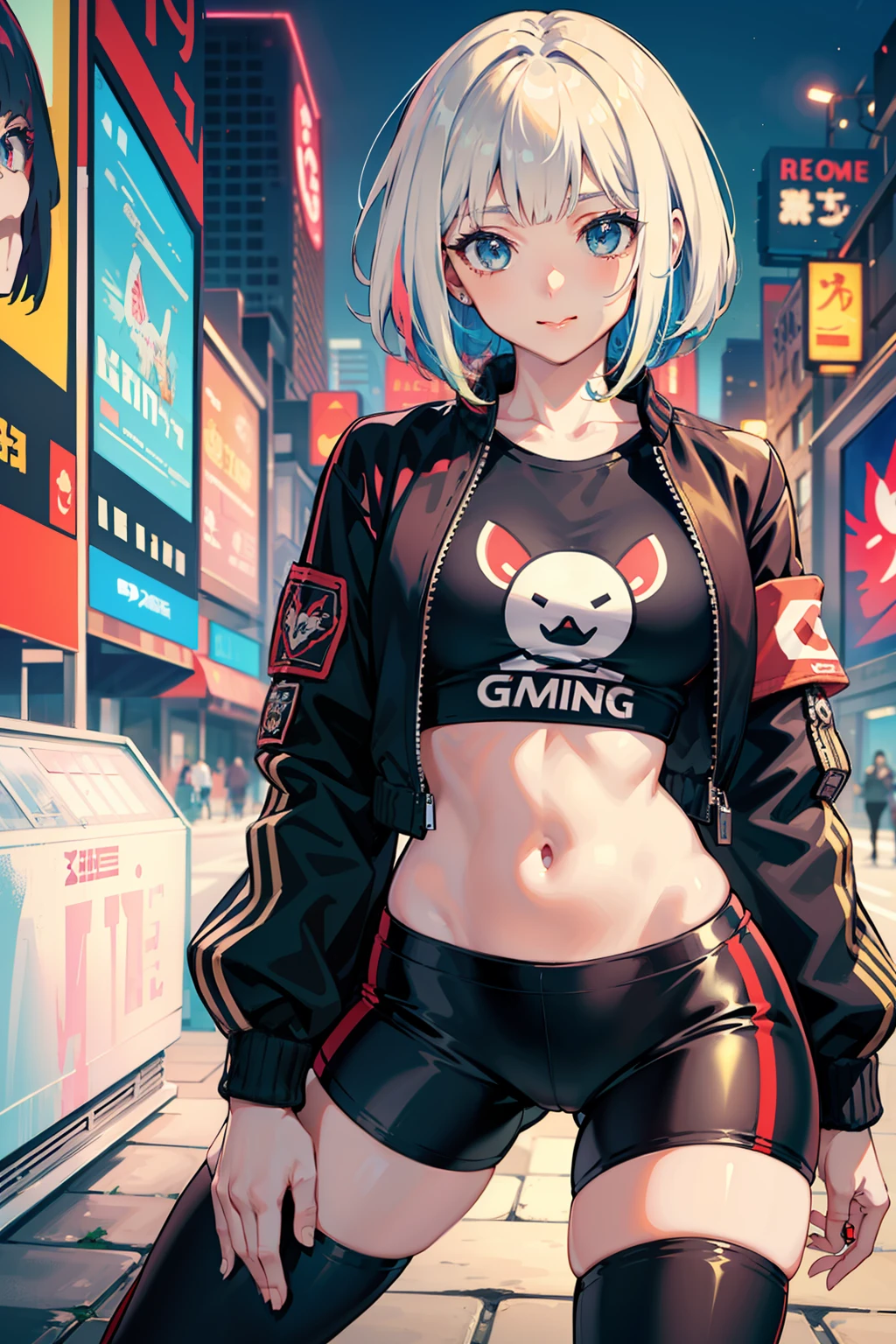 anime style, (masterpiece:1.3), (best quality), A modern and cheerful haircut would be an asymmetrical bob with colorful locks. shredded bangs, "Gamer Style" outfit: A gaming-themed t-shirt, paired with tight leggings and a bomber jacket with fun details, looking forward, full-body portrait, vtube pose