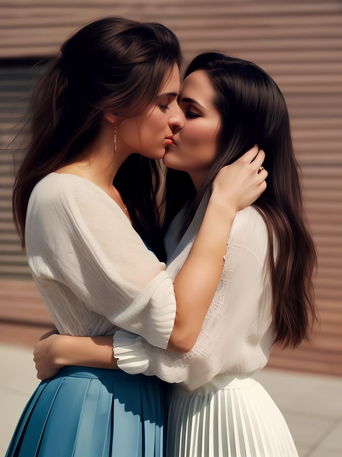 desperate women intensely kissing women, authentic (kind and tender) good woman wearing a short blazer with a very very detailed (long (fully pleated) full circle skirt) and (simple) low heeled office shoes, very very intricate hyper-detailed symmetric (attractive graceful young feminine face) with (sad, tired eyes and a shy smile), full of empathy and compassion and love, (pronounced (feminine) features), (highly detailed ultra accurate realistic) hands and fingers, (windy conditions and wind blowing), epic composition, highly detailed attributes, highly detailed atmosphere, (35mm f1.4 Kodak portra 400 photograph), extremely high quality RAW photograph, detailed background, intricate, Exquisite details and textures,