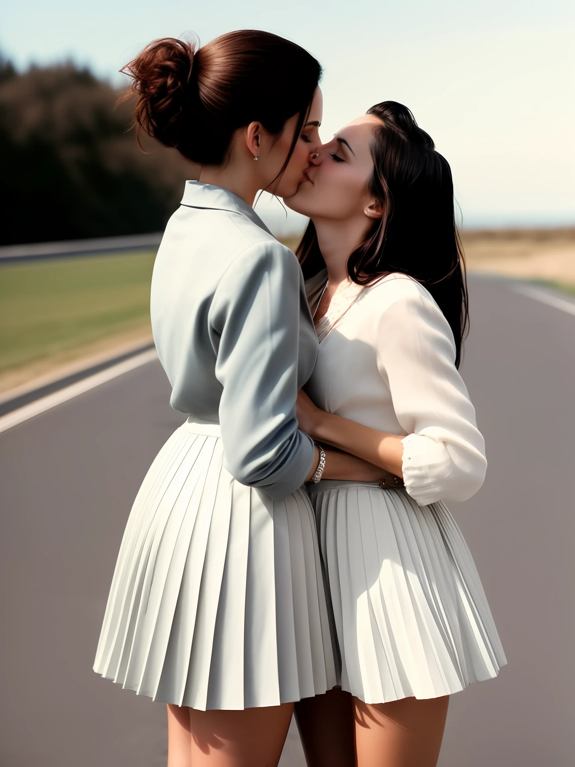 desperate women intensely kissing women, authentic (kind and tender) good woman wearing a short blazer with a very very detailed (long (fully pleated) full circle skirt) and (simple) low heeled office shoes, very very intricate hyper-detailed symmetric (attractive graceful young feminine face) with (sad, tired eyes and a shy smile), full of empathy and compassion and love, (pronounced (feminine) features), (highly detailed ultra accurate realistic) hands and fingers, (windy conditions and wind blowing), epic composition, highly detailed attributes, highly detailed atmosphere, (35mm f1.4 Kodak portra 400 photograph), extremely high quality RAW photograph, detailed background, intricate, Exquisite details and textures,
