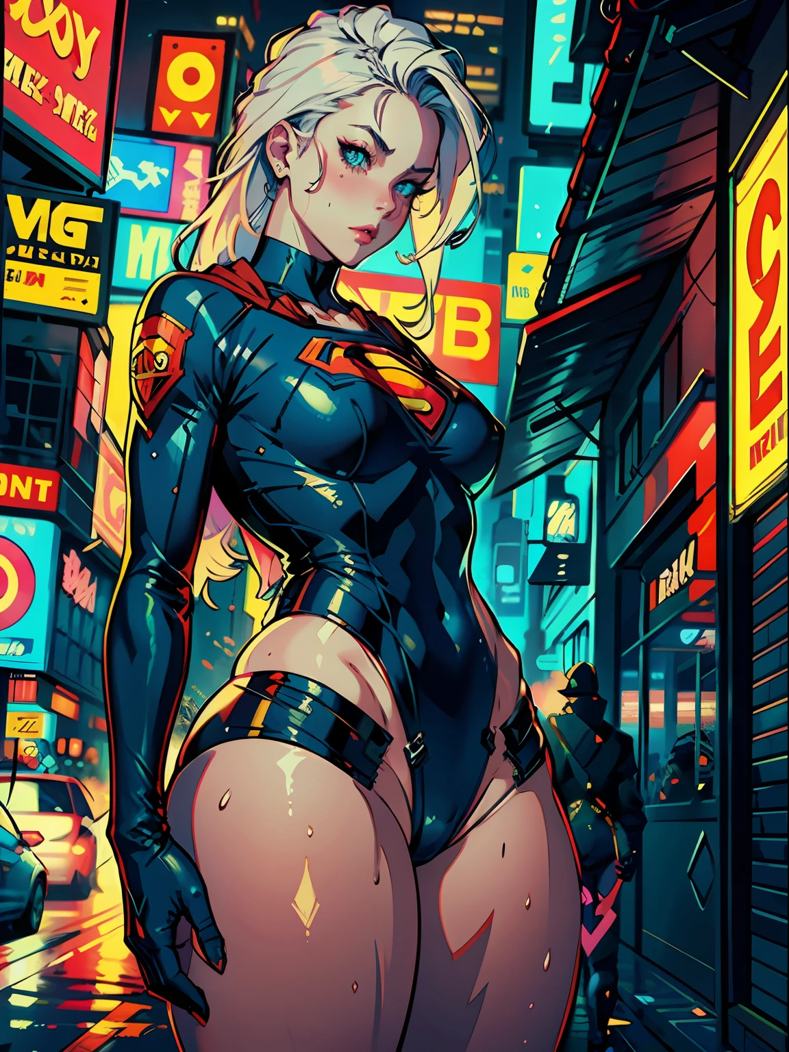 a digital painting of long-haired supergirl, cyberpunk art by Josan Gonzalez, winner of the behance contest, afrofuturism, synthwave, neon, shiny neon, thick thighs, thin waist, sensual, nsfw, little clothing, erotic art, anime, torn battle clothes, extremely sexualized, sweaty body, NSFW, big breasts, big ass, HD, 8k, High quality, details, perfect body, highlight body, Detail on perfect face, detail in background