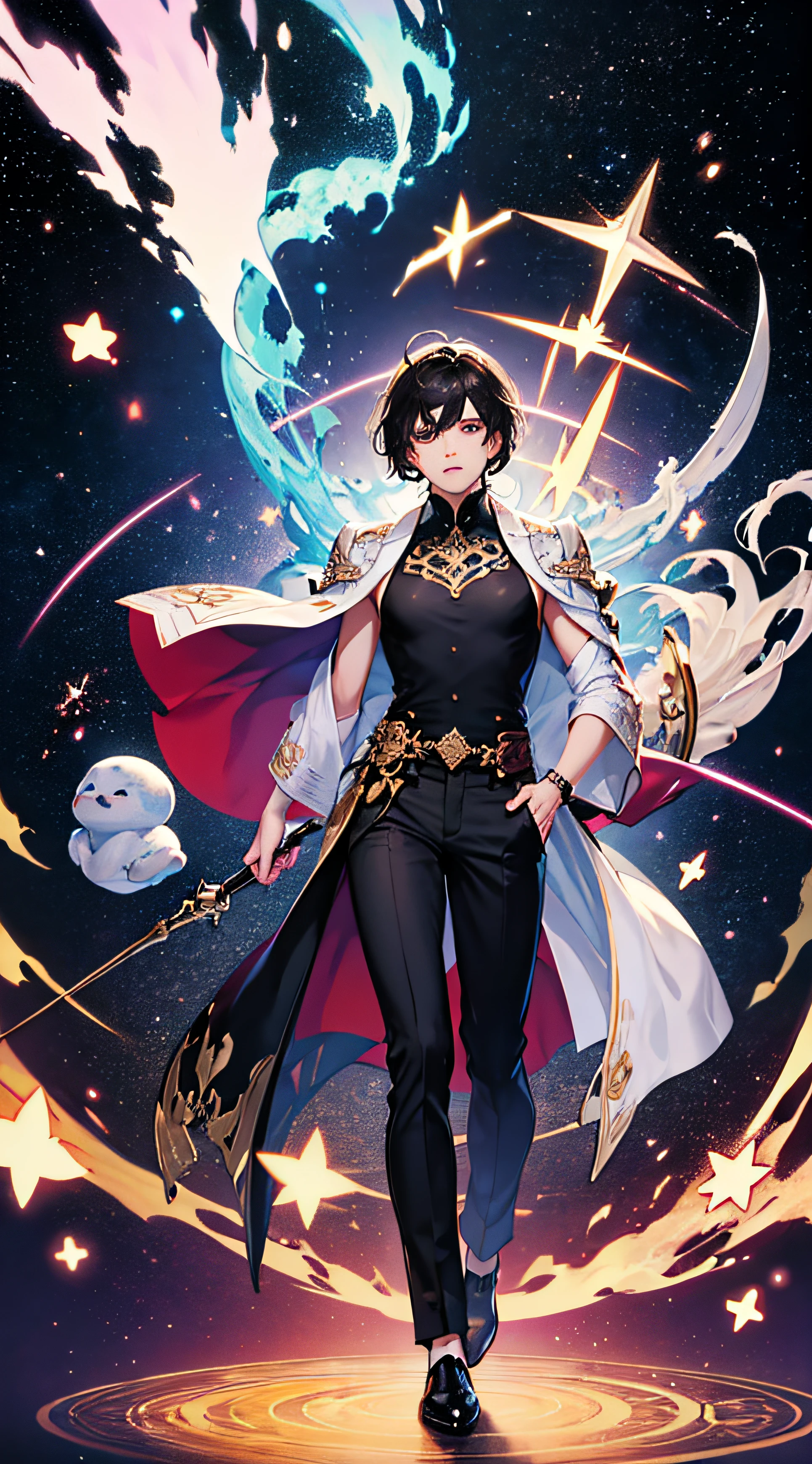 (masterpiece, superior quality, best quality, official art, beautiful and aesthetic), brazilian, black, detailed face, long black hair, full body, violet top and pants, celestial, cosmic, extremely beautiful, high detailed, (galactic background), light effects, more detailed, floating particles, ancient runes, geometric patterns, V0id3nergy, mana, shadows, epic atmosphere --auto