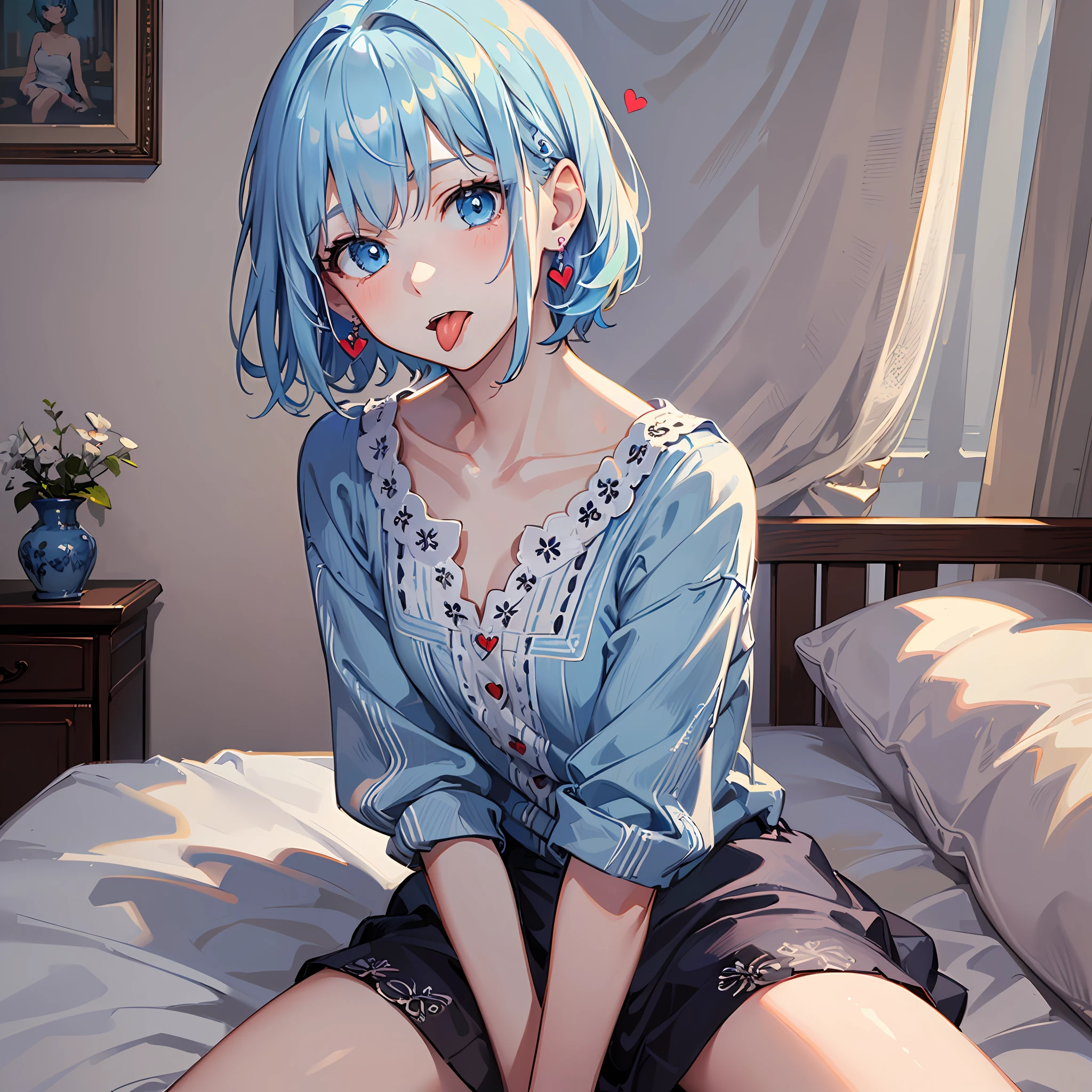 (((Masterpiece)))), ((Best Quality))), Hi-Res, Sitting, (Cute One Girl))), Solo, White Skin, Small, Eight-headed, (Light Blue Hair), ((Short Hair)), (Straight Bangs)), Beautiful Hair, Blue Eyes, Beautiful Eyes in Detail, (((Tongue)), Red Face, Heart, Nightwear, Earrings, White Room, Bed, (Morning), Shadow Lighting,