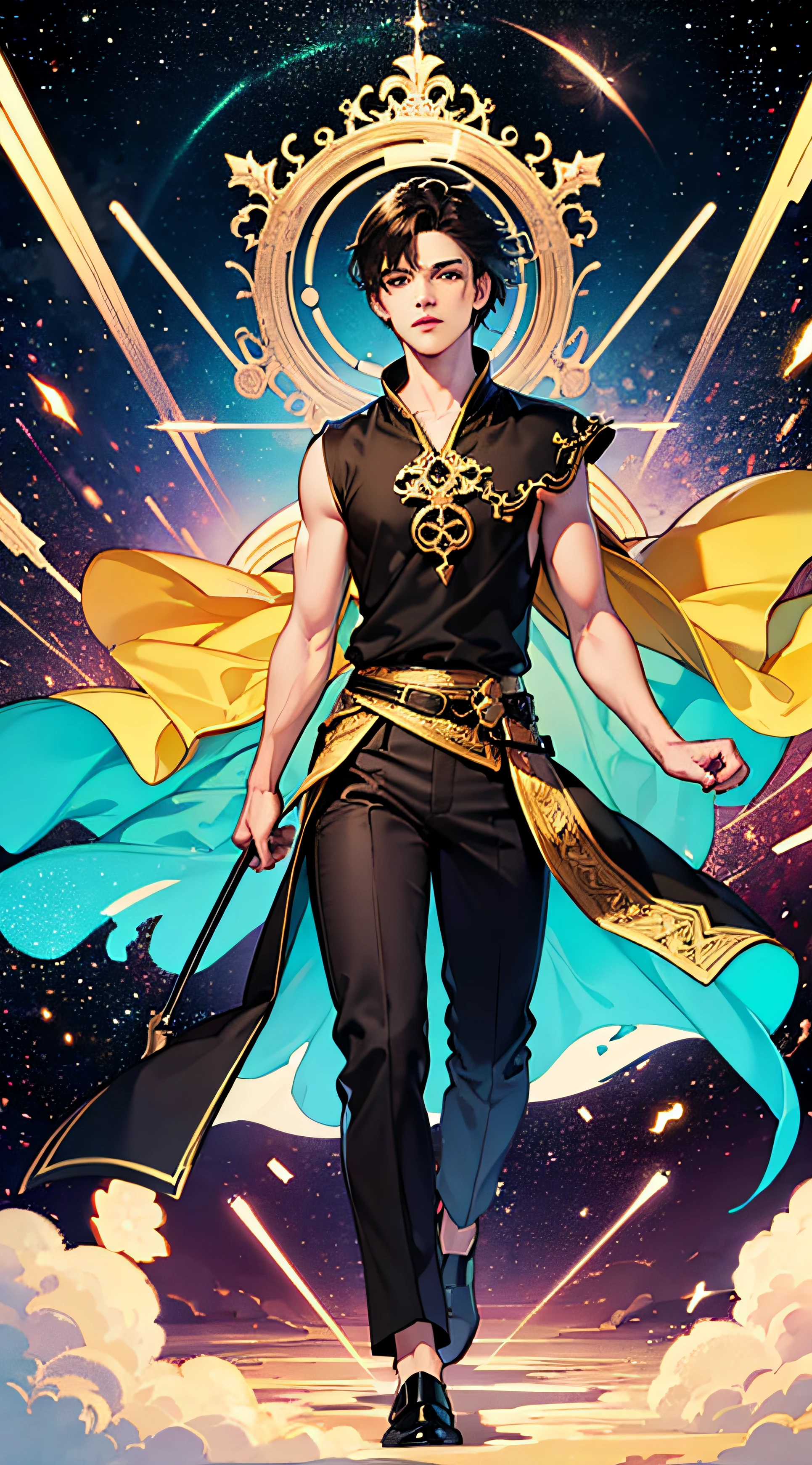 (masterpiece, superior quality, best quality, official art, beautiful and aesthetic), brazilian, black, detailed face, long black hair, full body, violet top and pants, celestial, cosmic, extremely beautiful, high detailed, (galactic background), light effects, more detailed, floating particles, ancient runes, geometric patterns, V0id3nergy, mana, shadows, epic atmosphere --auto