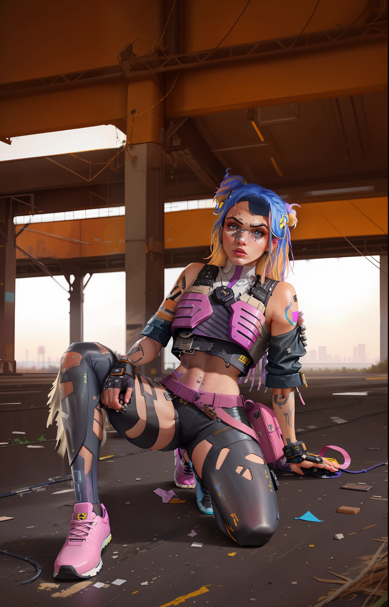 there is a woman with pink hair and tattoos sitting on the ground, looks a blend of grimes, resembling a mix of grimes, photograph of a techwear woman, wearing cyberpunk streetwear, music video, looks like a mix of grimes, cyber punk setting, she looks like a mix of grimes, cyberpunk style outfit, in cyberpunk style, dressed in crustpunk clothing