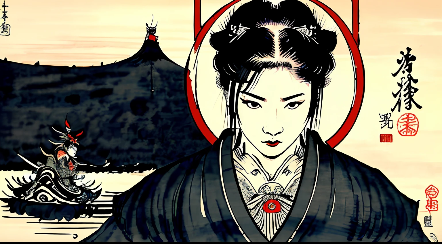 (masterpiece, best quality: 1.2), traditional japanese ink painting, samurai girl wallpaper --auto