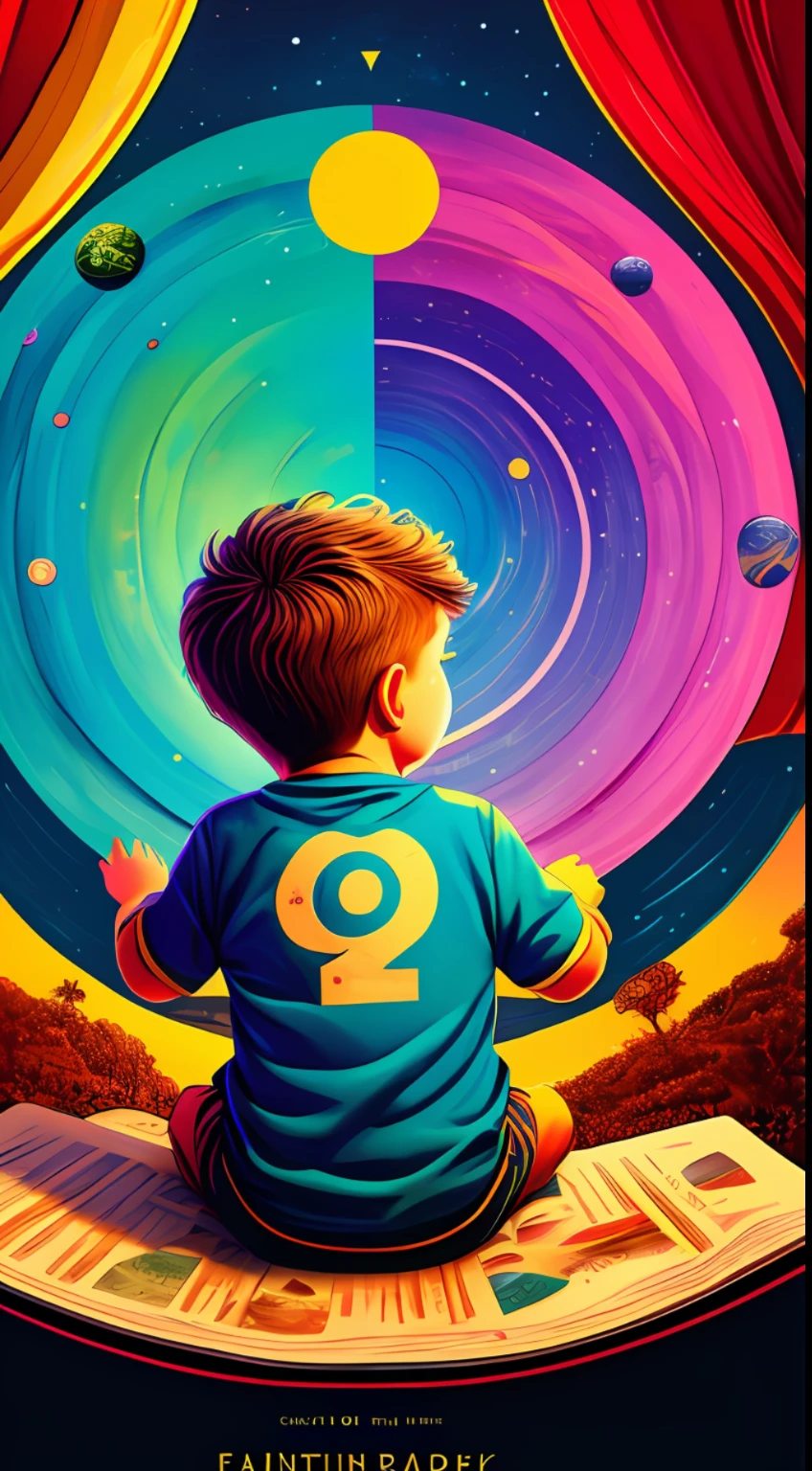 A child with his back in the center making art in a book, with a colorful background, book cover without text, center, fantasy