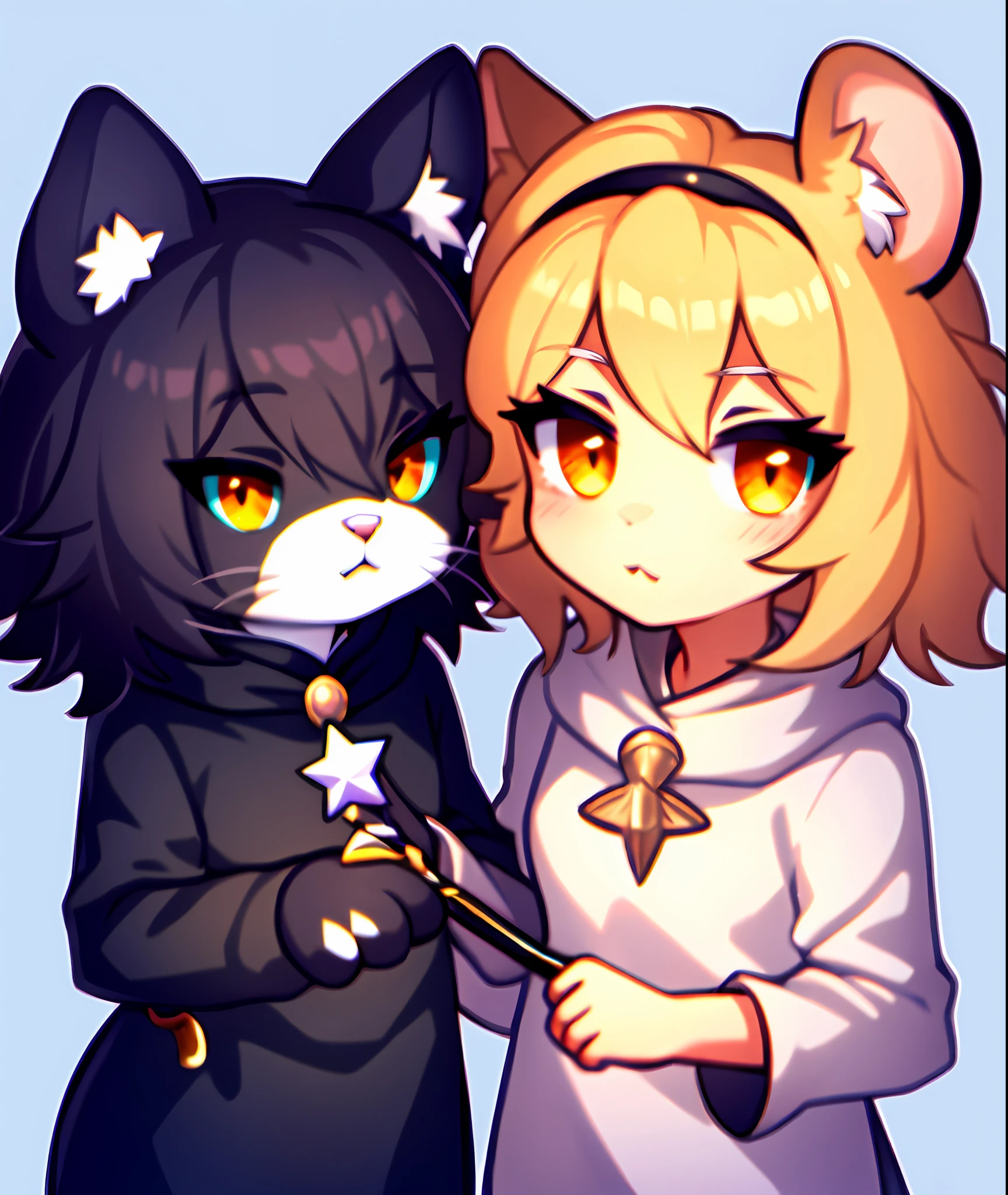 a close up of a cartoon cat with a wand and a hat, cattie - brie of mithril hall, discord pfp, catgirl, anthro cat, neko, sora as a cat, elokitty, neferpitou, ashy, female fursona, maplestory mouse, chibi, anthropomorphic female cat, an anthro cat