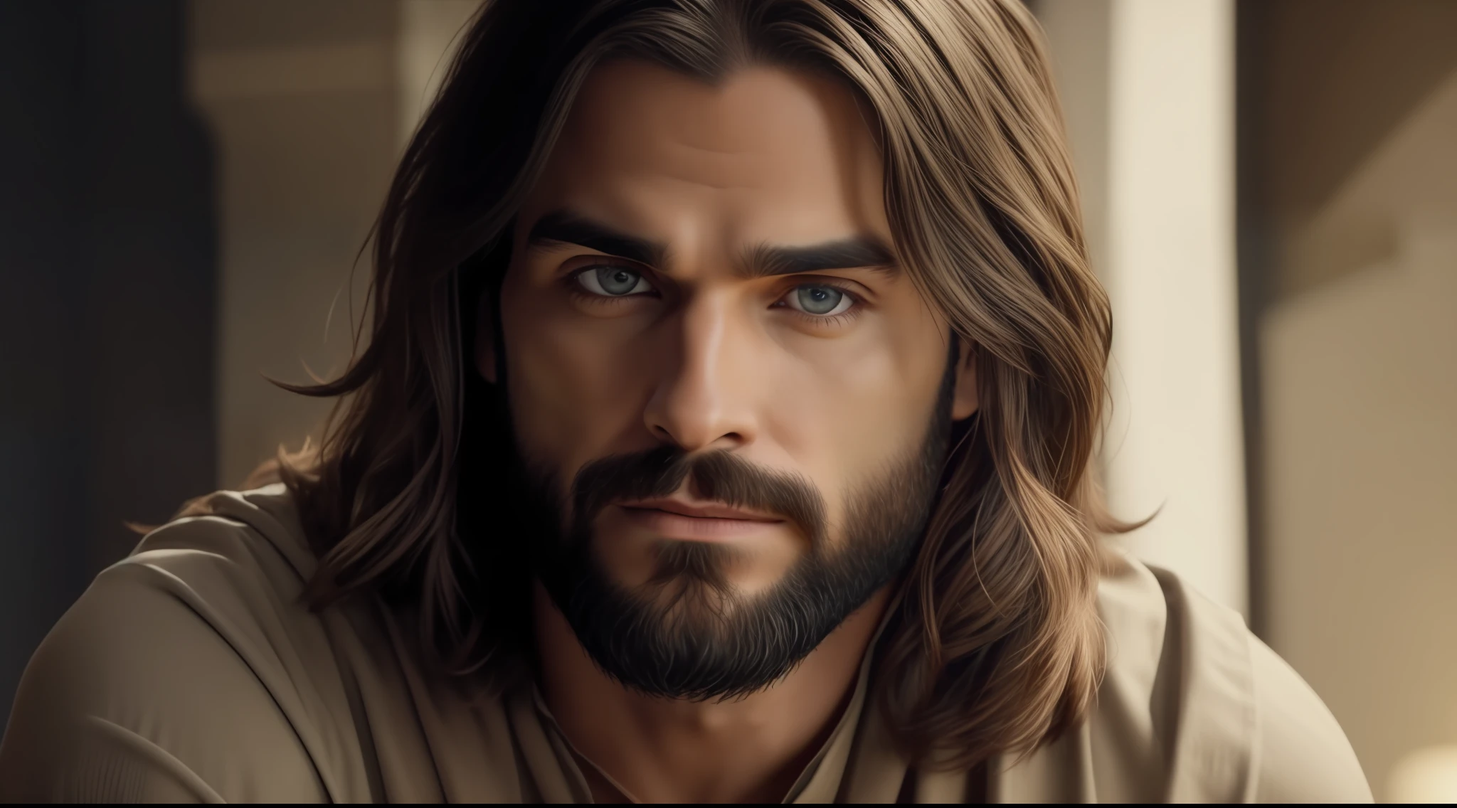Seth Rollins as Jesus Christ, long hair, similar to seth rollins, wearing tunic, realistic image, best quality, 8k, focus on details.