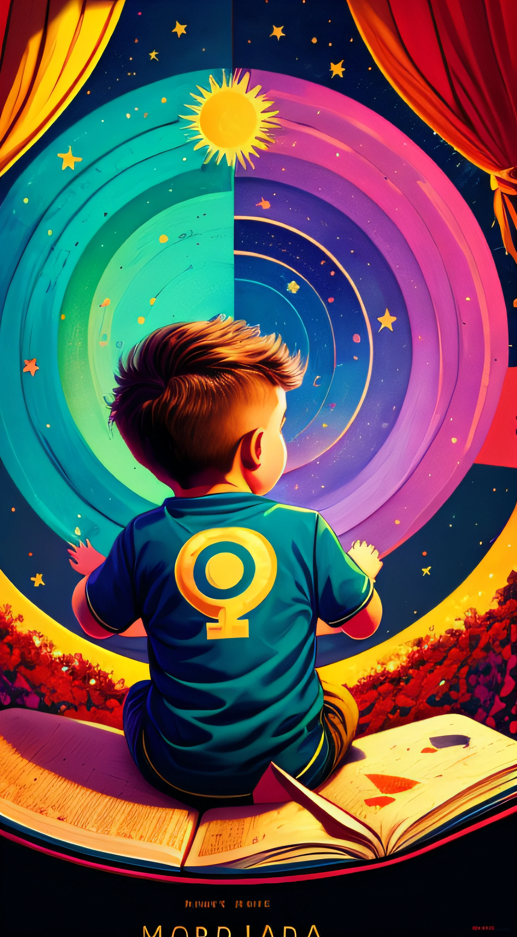 A child with his back in the center making art in a book, with a colorful background, book cover without text, center, fantasy