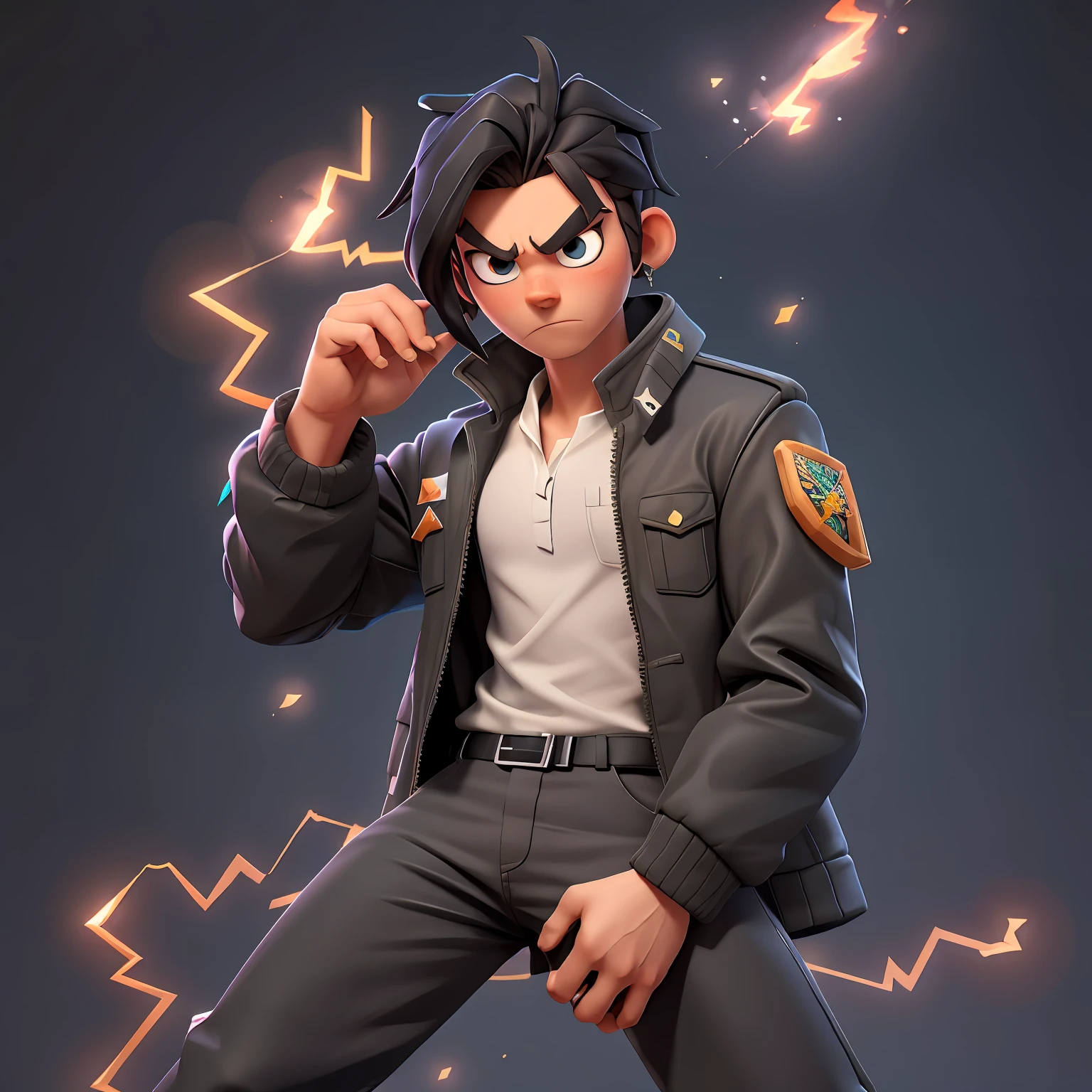 Rogue boy with long straight black hair, wearing "white shirt" and "dark military jacket", black pants, hot desert, brawl stars, electric rays, fantasy, high voltage