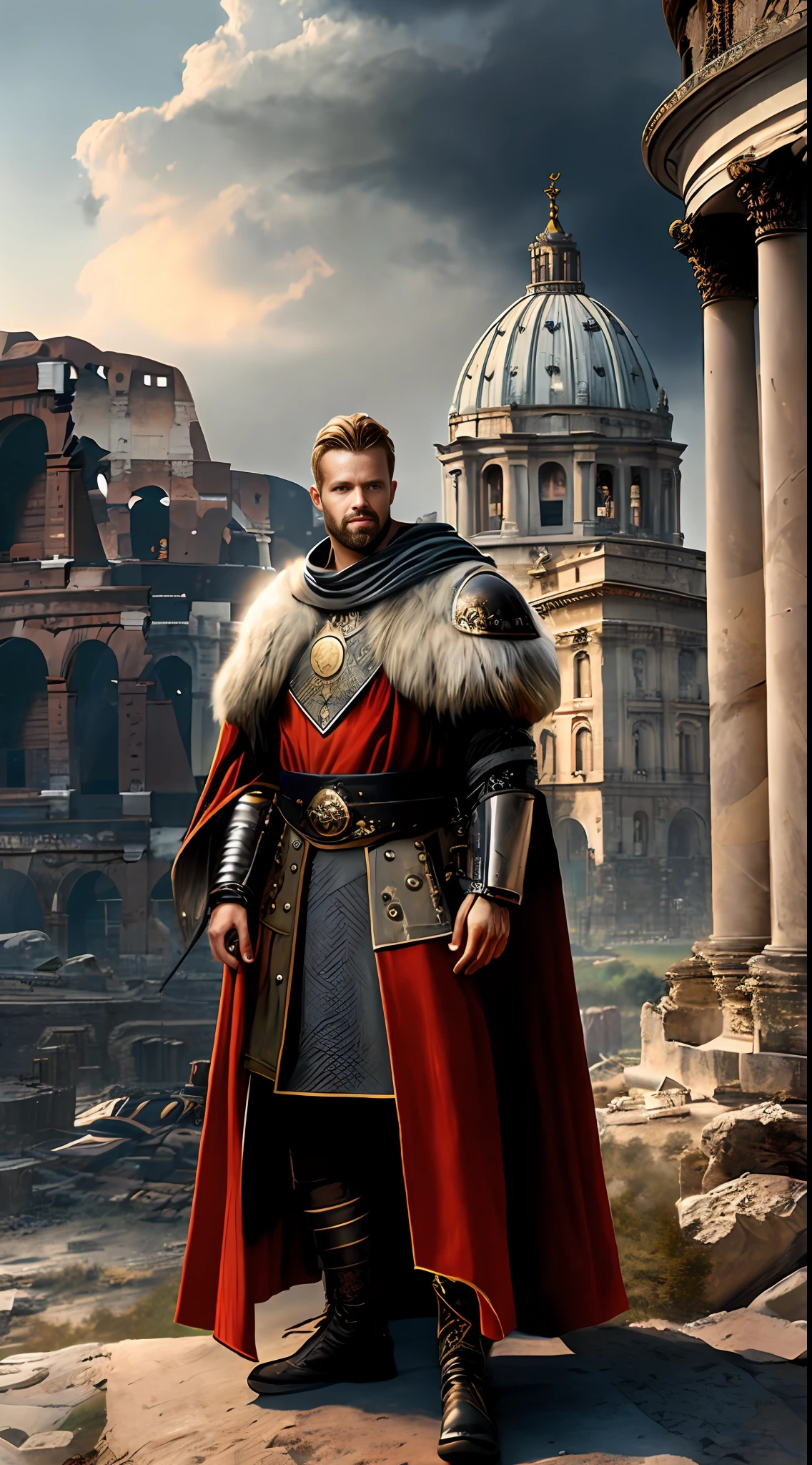 (masterpiece, HDR, realistic:1.3), King Alaric I, battle-scarred and weary, (traditional Germanic attire of 400 AD:1.2), fur-trimmed cloak, worn armor, surrounded by Roman officials, within the ancient city of Rome, 5th century, historical backdrop, decaying structures, (ancient parchments and scrolls:1.4), illustrating the terms of surrender, high dynamic range, capturing the war-torn setting, dark, somber atmosphere, cool tones, intense negotiation, looking towards the future.