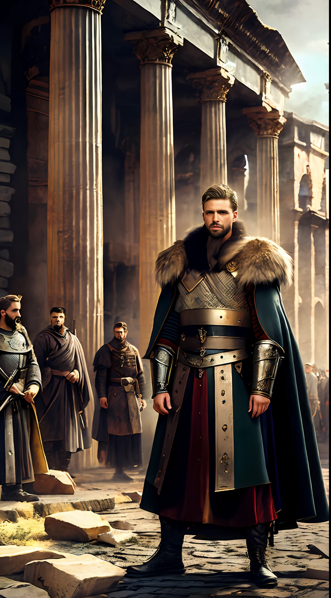 (masterpiece, HDR, realistic:1.3), King Alaric I, battle-scarred and weary, (traditional Germanic attire of 400 AD:1.2), fur-trimmed cloak, worn armor, surrounded by Roman officials, within the ancient city of Rome, 5th century, historical backdrop, decaying structures, (ancient parchments and scrolls:1.4), illustrating the terms of surrender, high dynamic range, capturing the war-torn setting, dark, somber atmosphere, cool tones, intense negotiation, looking towards the future.