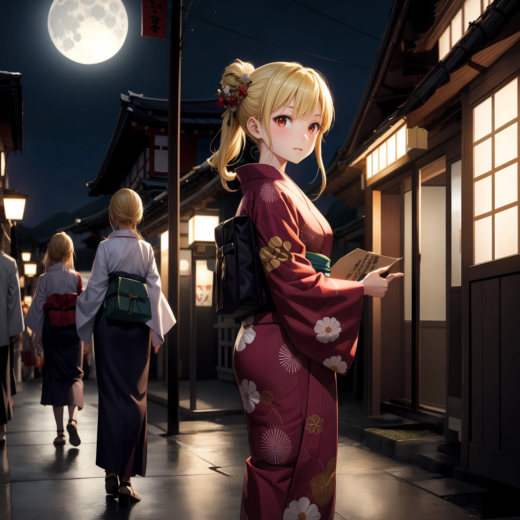 anime, girl 1, blonde, red eyes, yukata, kyoto, moon, festival, watagashi,