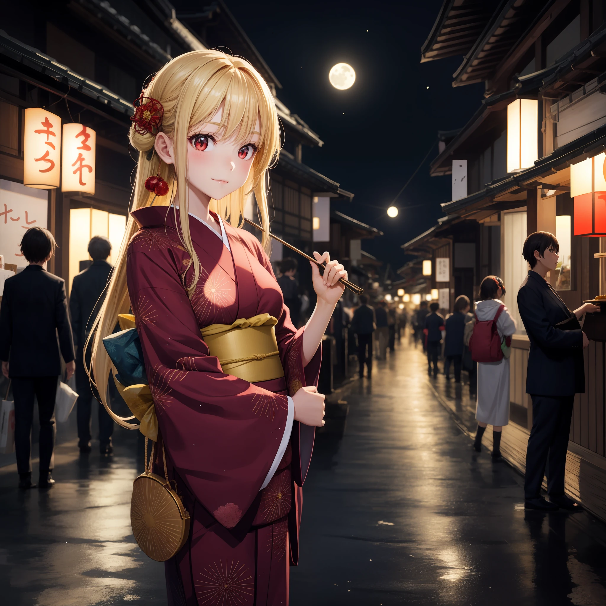 anime, girl 1, blonde, red eyes, yukata, kyoto, moon, festival, watagashi,