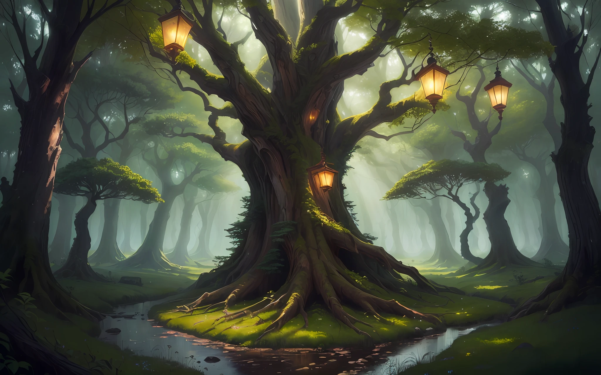 Fairy tale forest hangs many light trees, big magic trees, fantasy trees,