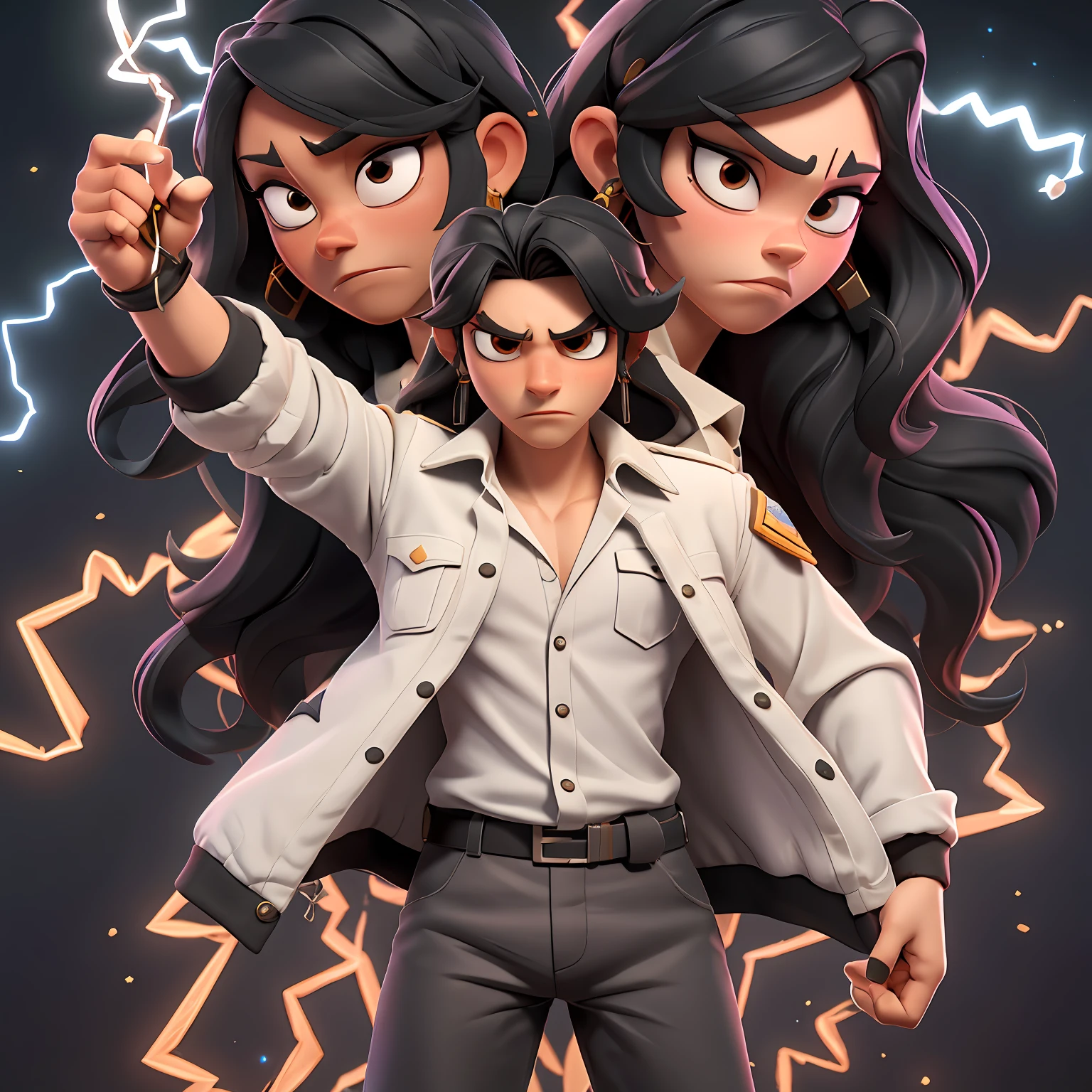 Ladino with long straight black hair, wearing white shirt and military jacket, black pants, hot desert, brawl stars, electric lightning, fantasy, high voltage