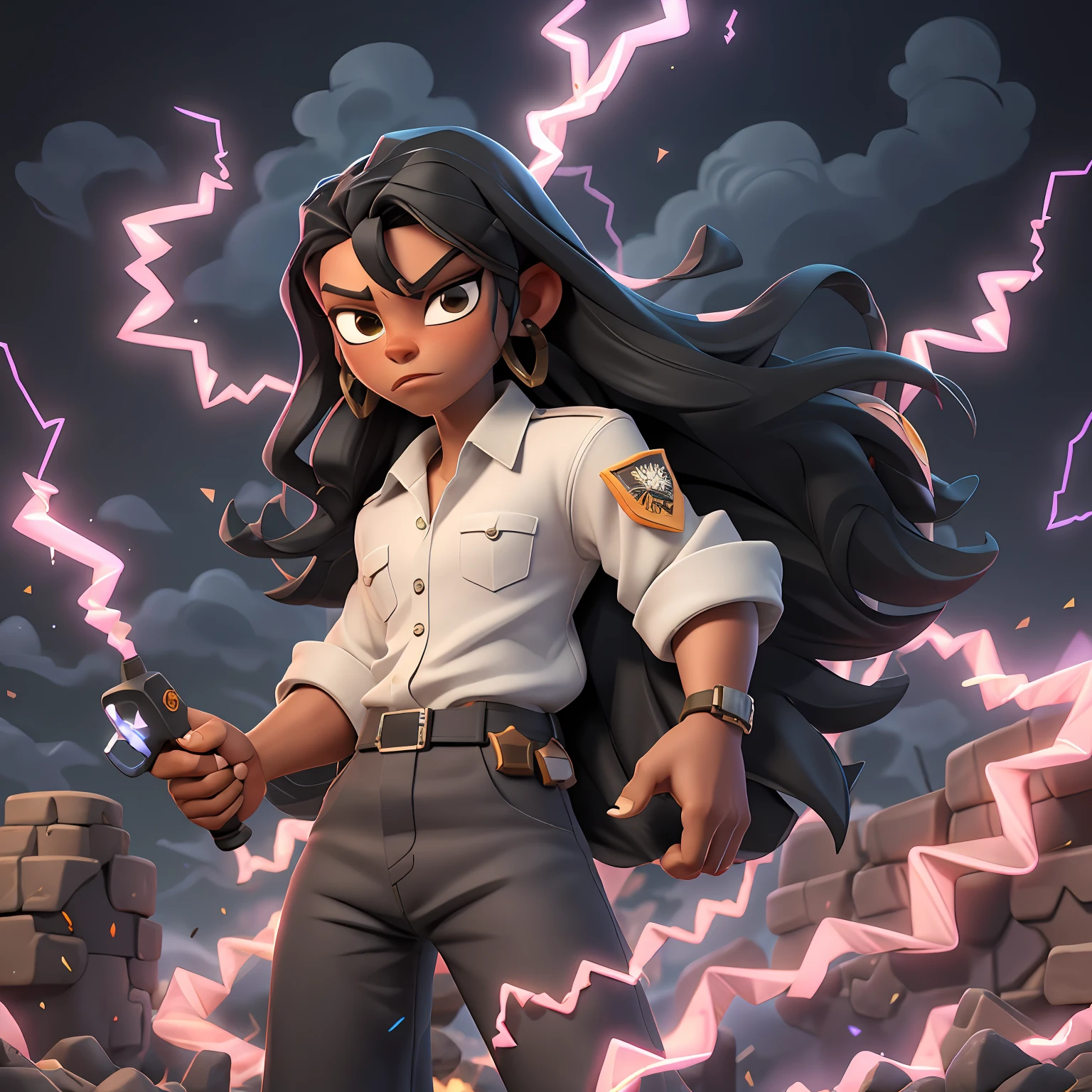 Ladino with long straight black hair, wearing white shirt and military jacket, black pants, hot desert, brawl stars, electric lightning, fantasy, high voltage