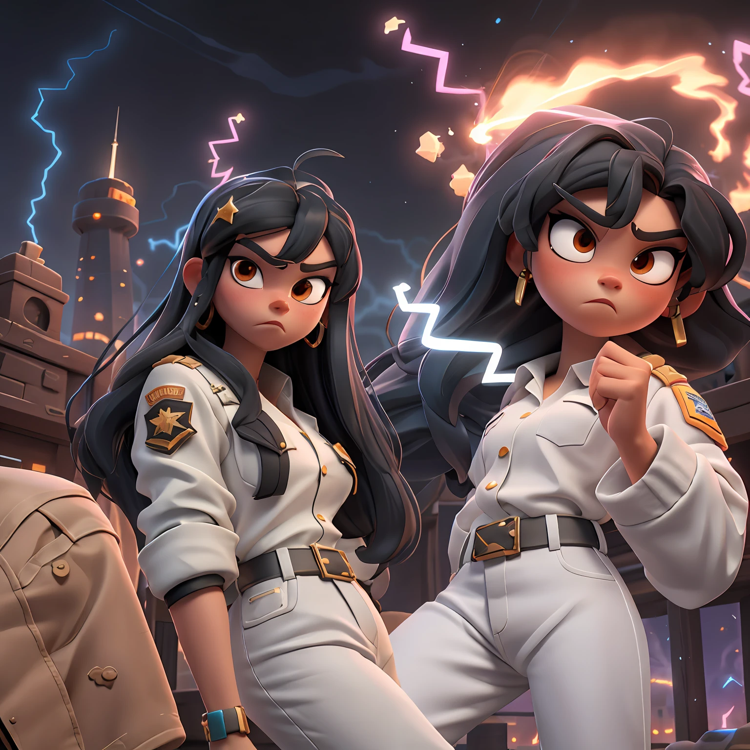 Ladino with long straight black hair, wearing white shirt and military jacket, black pants, hot desert, brawl stars, electric lightning, fantasy, high voltage