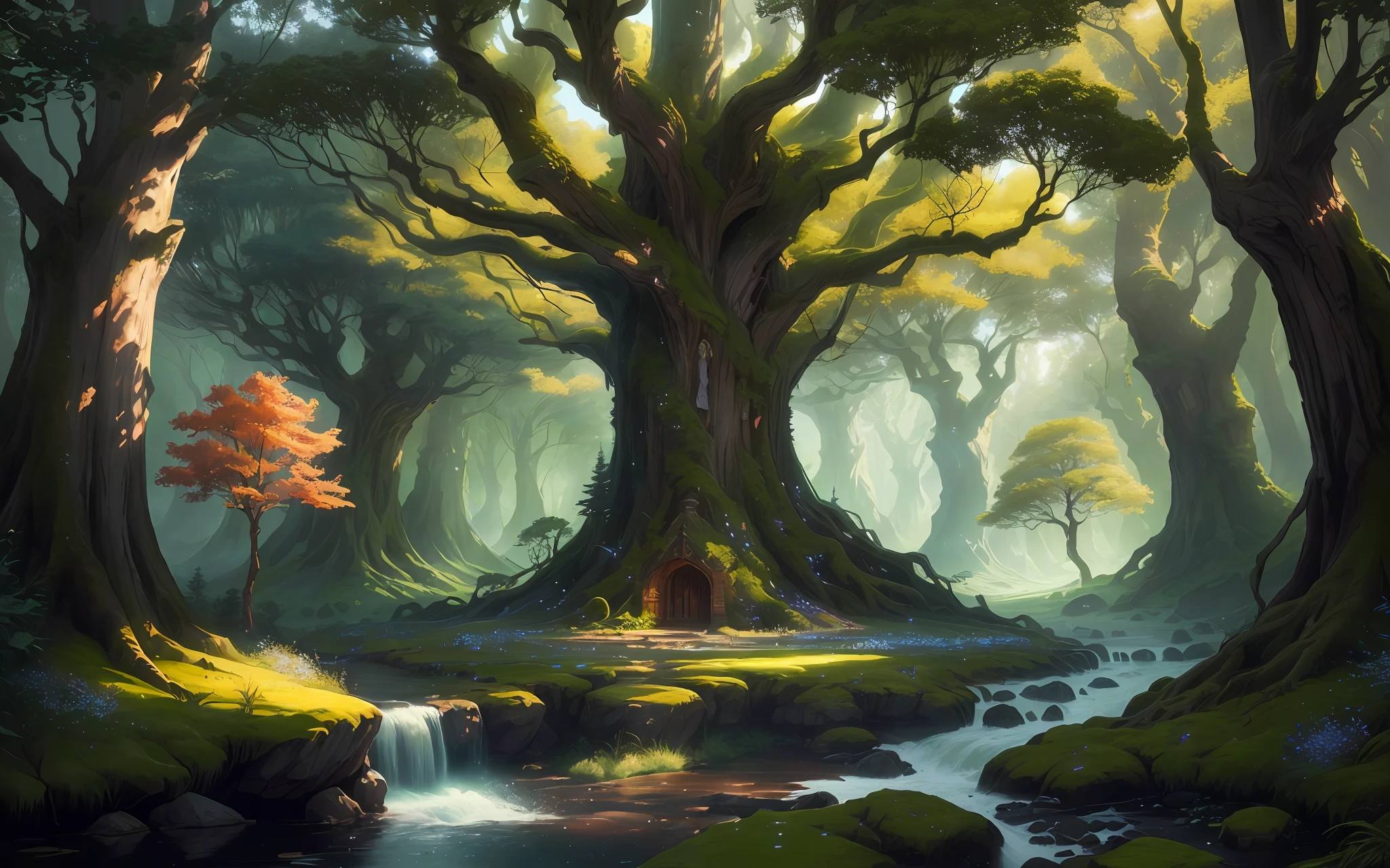 Fairy tale forest hangs many light trees, big magic trees, fantasy trees,