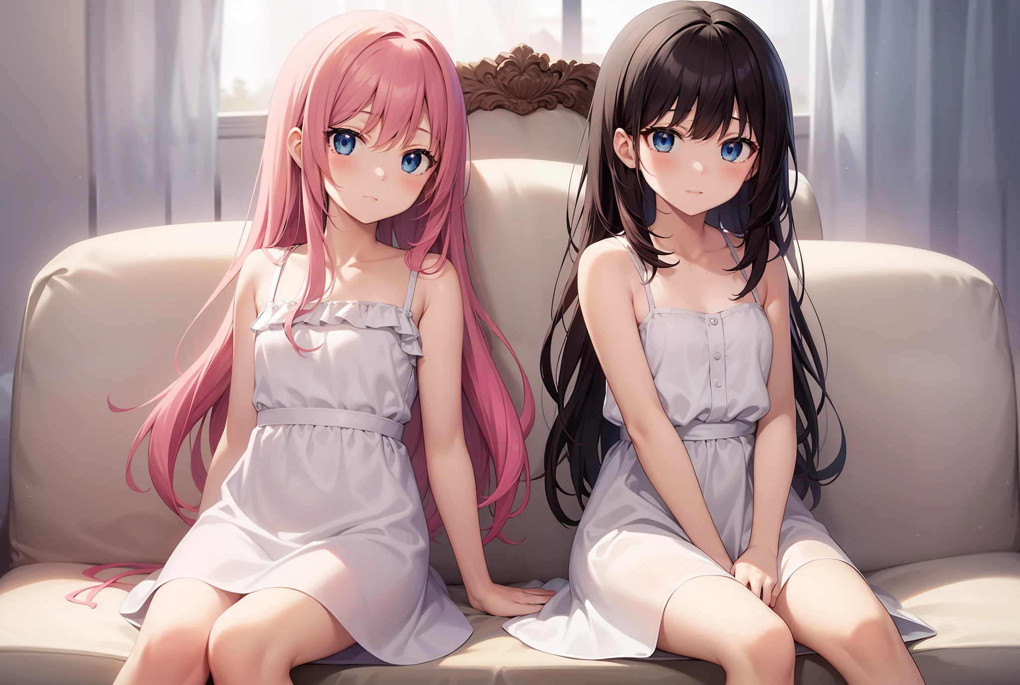 Image Anime moe style of Two cute child girls, sitting on a couch talking, one has short black hair and the other long pink hair, both have blue eyes and wear a plain and simple white dress.