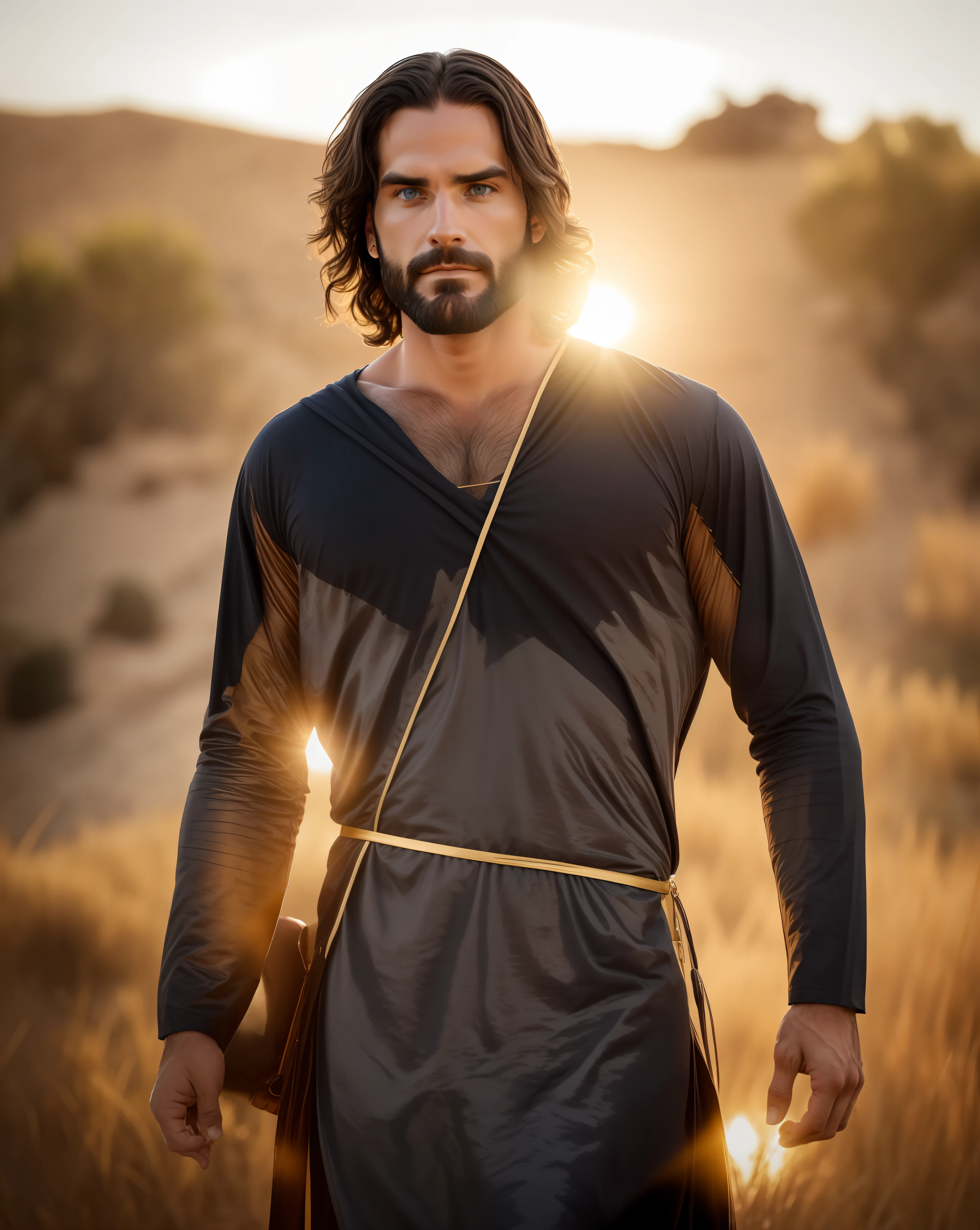 Seth Rollins as Jesus Christ, long hair, similar to seth rollins, wearing tunic, realistic image, best quality, 8k, focus on details.