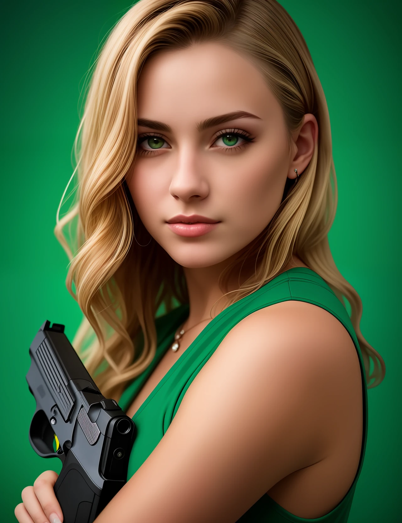 blonde hair, realistic portrait, 4k, supreme detail, highly detailed, smooth, sharp focus, cinematic lighting, facing the camera, social clothing, dark studio, rim lighting, two-tone lighting, poorly lit, discreet, gun in holster, green background