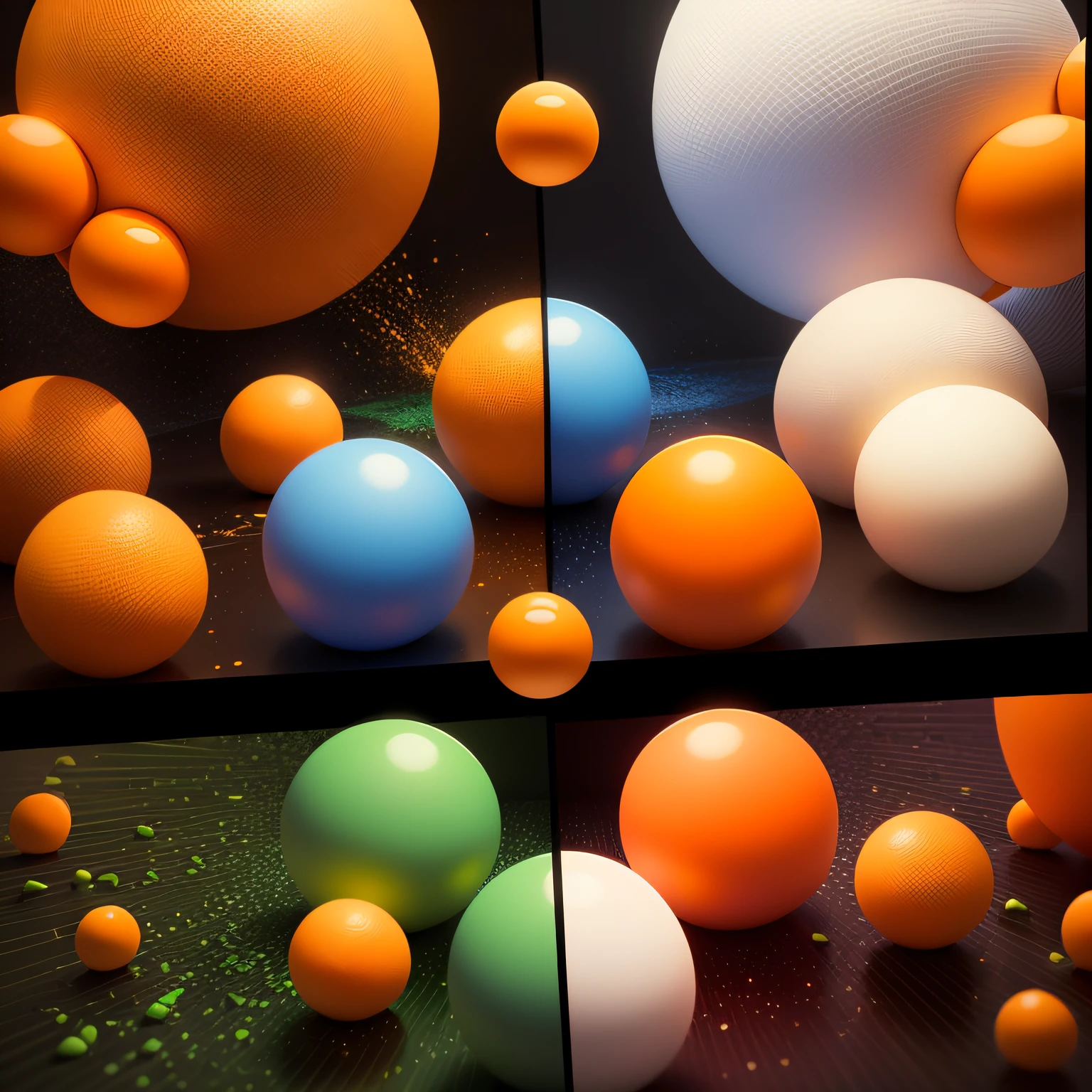 Divide the image into 4 quadrants, in each of them fill with balls of the same color , white background (orange, blue, green, black) --auto