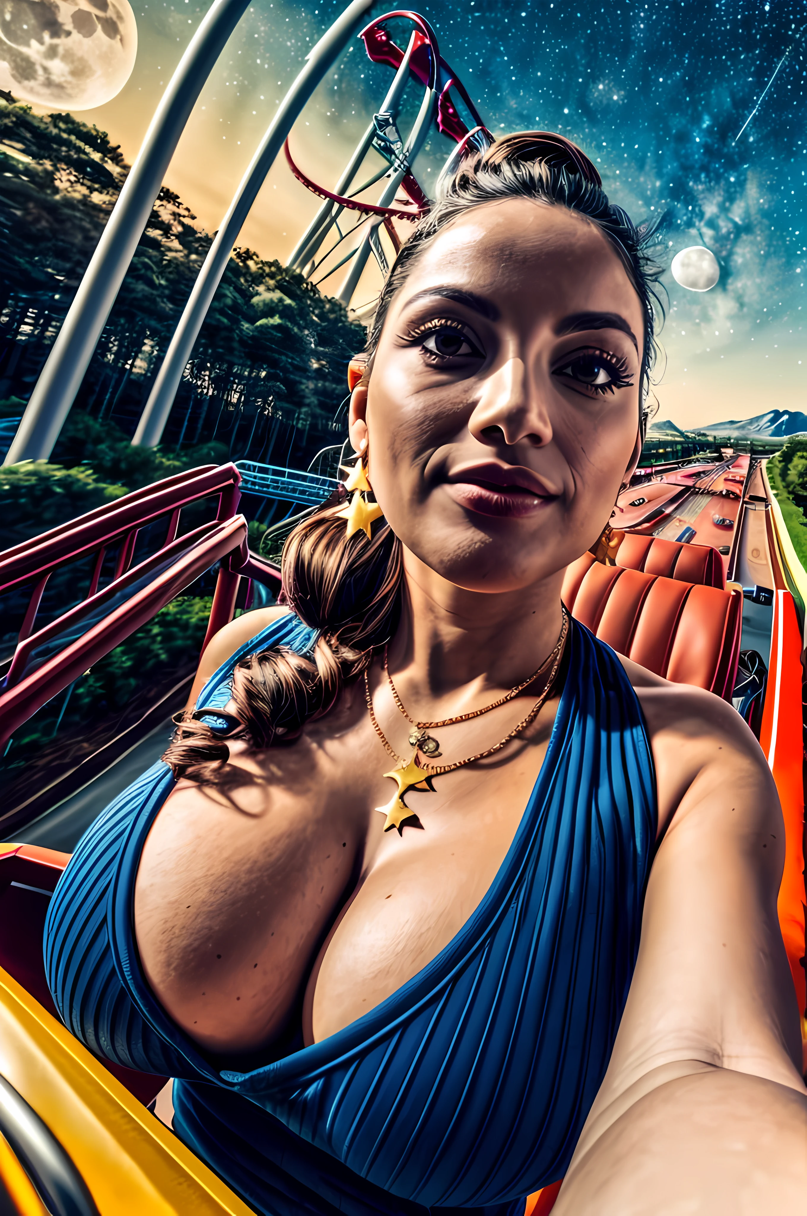 Excella Gionne, woman (on a roller coaster:1.4), square necklace, updo hairstyle, ((upper body selfie, happy)), (vertigo:1.4), (pleated skirt:0.6), looking to the viewer, (people:1.1), masterpiece, best quality, ultra-detailed, outdoors, (night), (stars, moon) cheerful, happy, gold clothing, square necklace, square earrings, lusty, face, serious face, facing viewer, looking at viewer, sultry, dynamic pose, dynamic angle, rich, luxurious, curvy aunty, flawless face, flawless skin, black hair, big breasts, cleavage, saggy breasts, heavy breasts, bossy, park, mountains, shadows, contrast, clear sky, analog style (look at viewer:1.kin texture) (film grain:1.3), (warm hue, warm tone) :1.2), close up, cinematic light, sidelighting, ultra high res, best shadow, RAW, upper body, wearing pullover, kodak vision 3