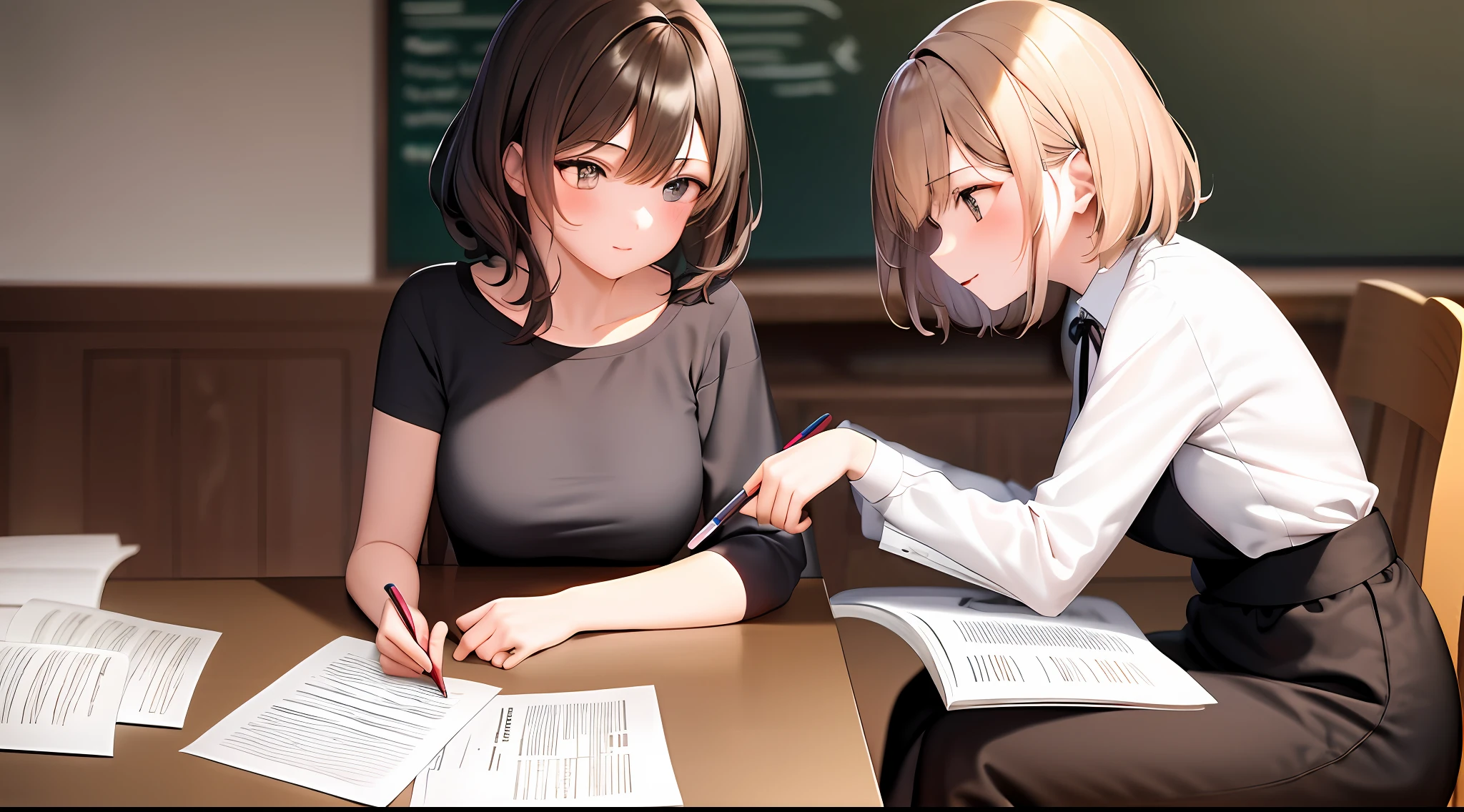 masterpiece, best quality, high resolution, one girl, shirt, girl sitting on chair studying drafting at desk, horizontal angle, studying, paperwork, brown hair, good luck studying, parallel, short hair, two people