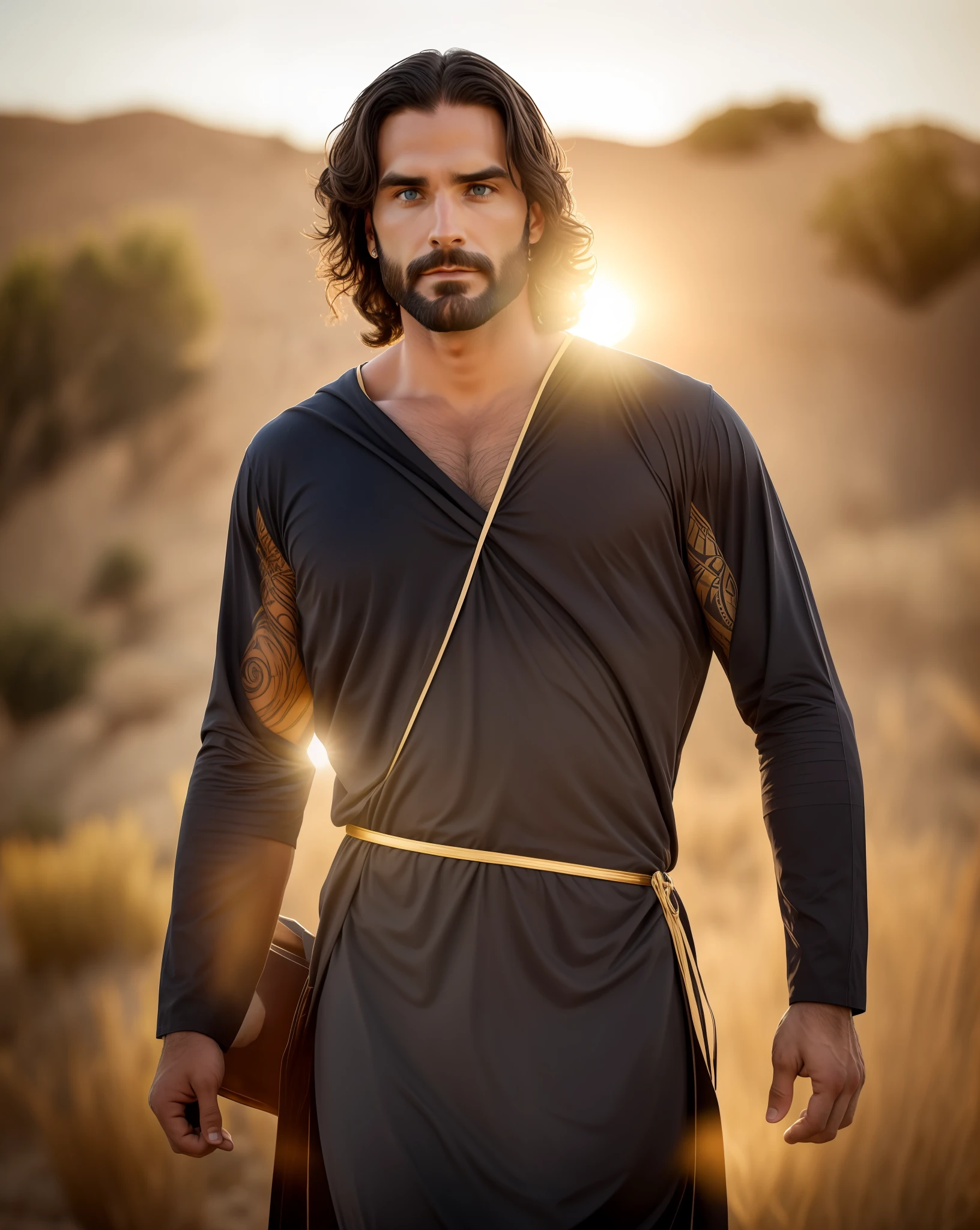 Seth Rollins as Jesus Christ, long hair, similar to seth rollins, wearing tunic, realistic image, best quality, 8k, focus on details.