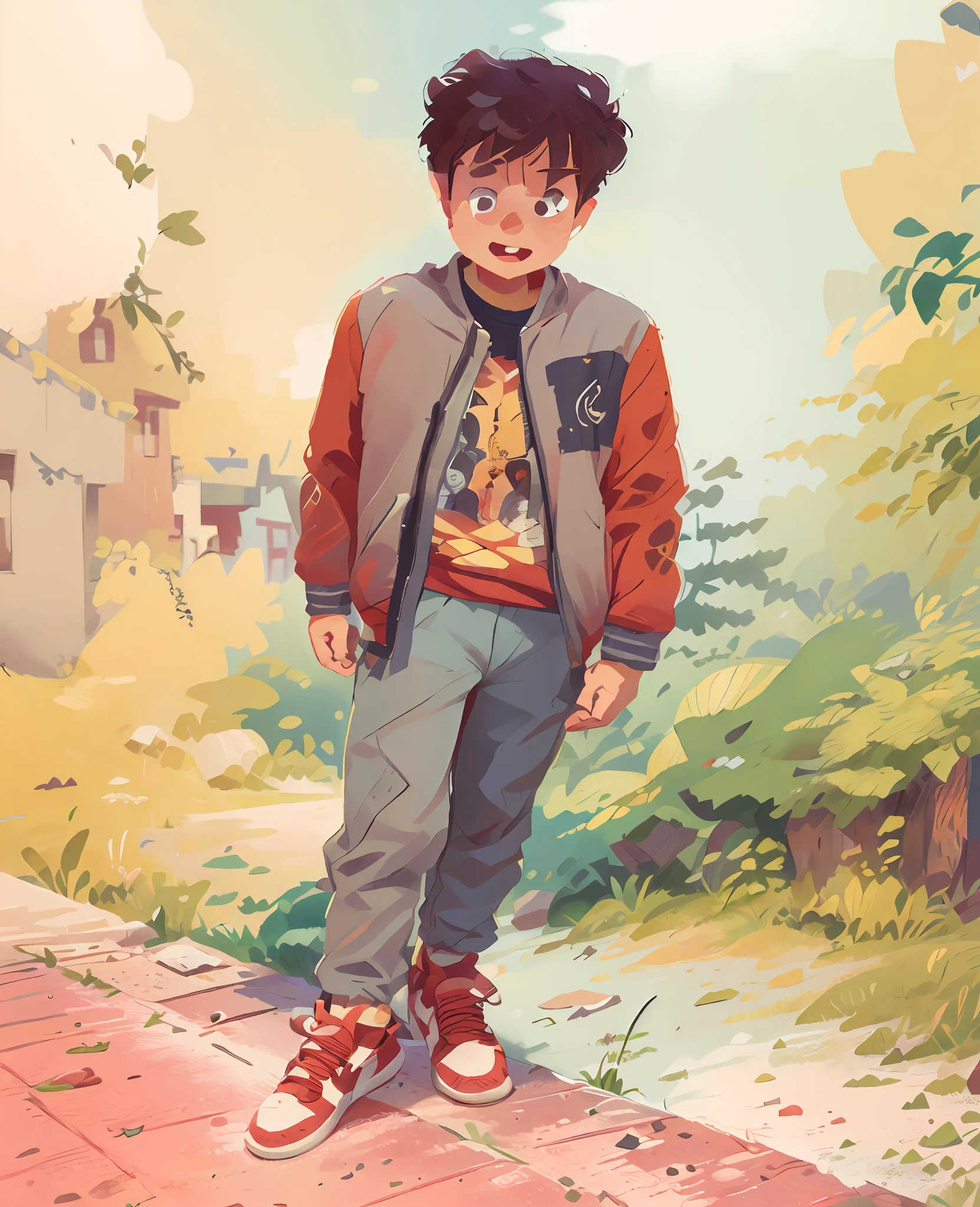 A 5-year-old boy starts in front of a sidewalk. Red sneakers, grey tracksuit and a grey jacket. (Very detailed face: 1.5), (big smile: 1.2), (real eyes: 1.2), 8k