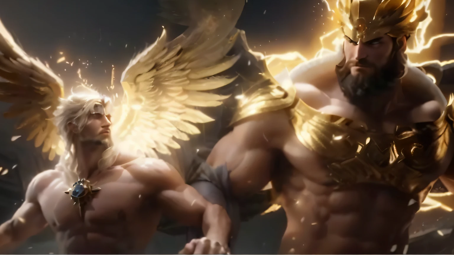 two men with wings and gold on their faces, unreal engine render saint seiya, greek gods, epic scene of zeus, furious god zeus, greek mythology characters, eros and thanatos, the god zeus, olympian god, elon musk as a greek god, greek myth digital painting, the god hermes, greek god, greek mythology, ancient gods, godlike and stoic