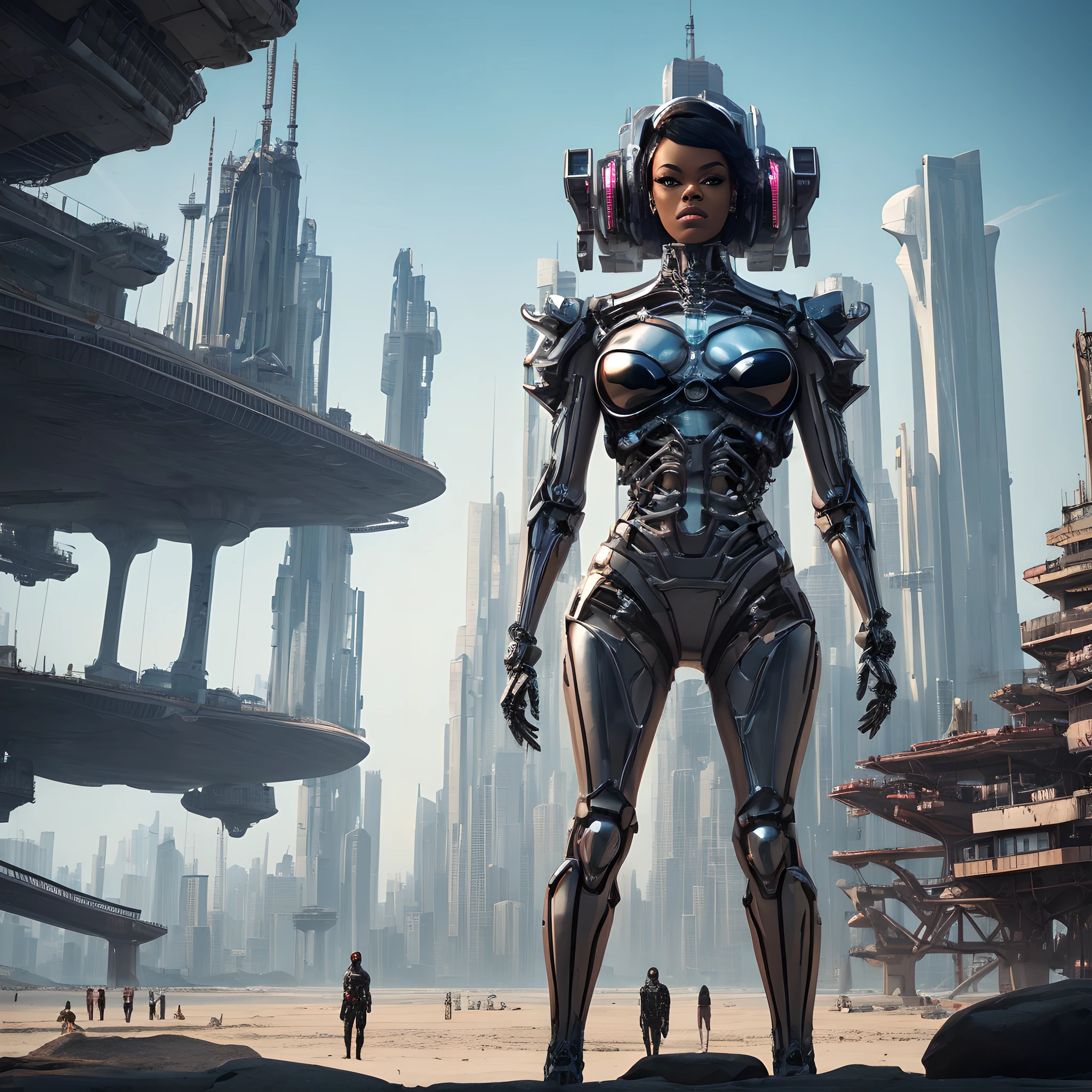Best quality, delicate face, azealia banks, slim body, body made of metal, small bust, structural metal skeleton, seaside, standing posture, beach, huge spaceship floating in the air, cyberpunk, sci-fi --auto
