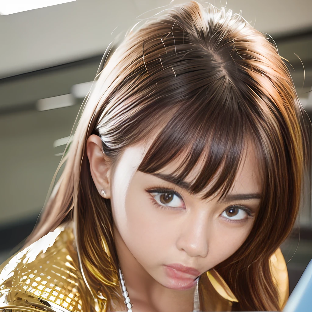 Three fitness bodybuilding abs immature junior high school girls, classroom writing, transparent shirt, big gold chain