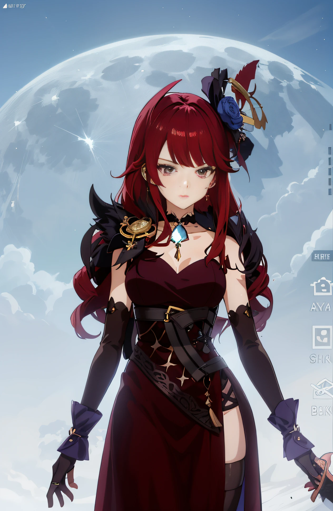 anime character with red hair and a black dress standing in front of a full moon, ayaka genshin impact, shalltear bloodfallen, gothic maiden anime girl, my dress up darling anime, ayaka game genshin impact, hanayamata, highly detailed character, anime girl wearing a black dress, astral witch clothes, beautiful screenshot, 8 k character details