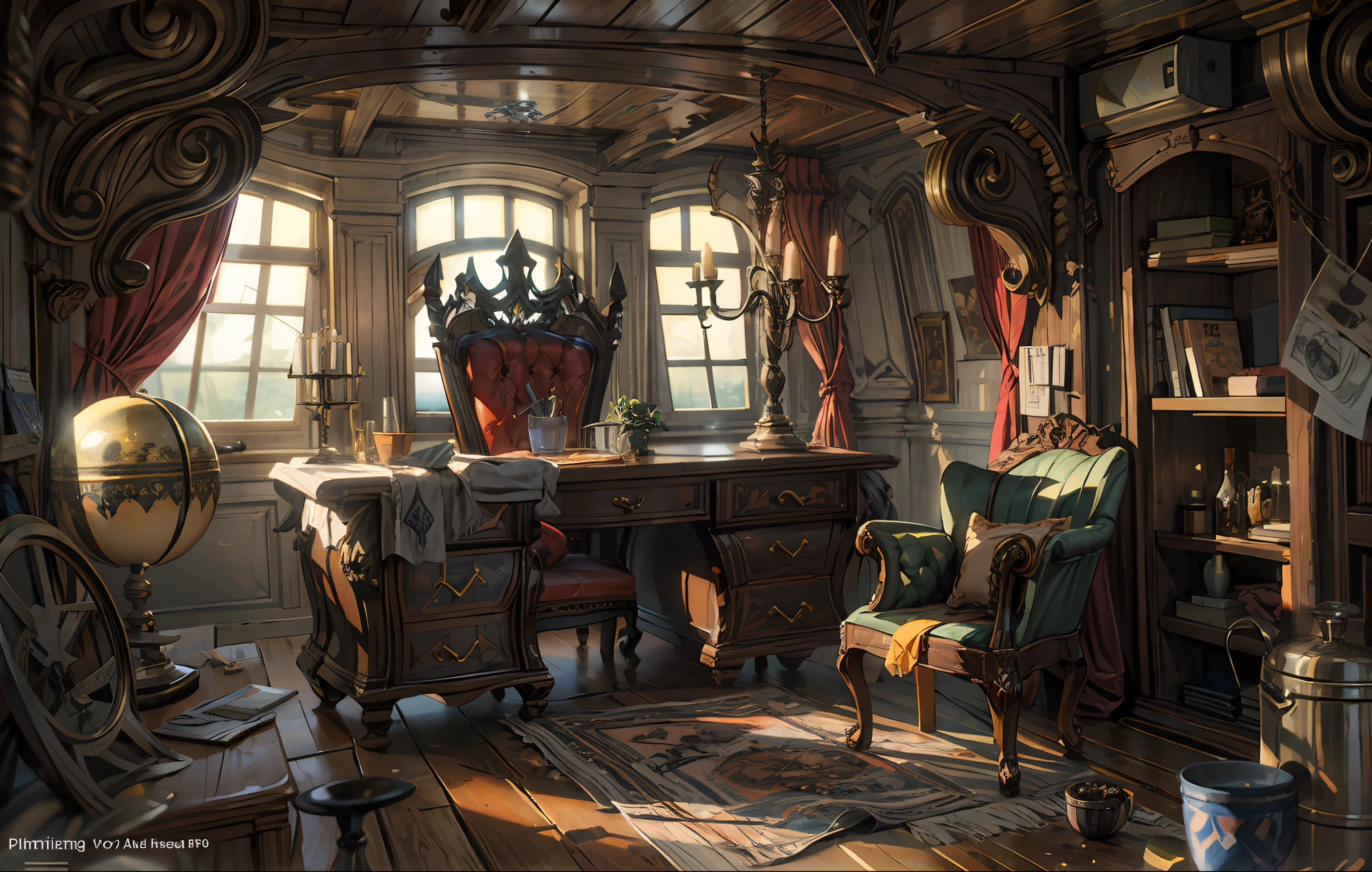 there is a room with a desk and a chair in it, pirate setting, highly realistic concept art, ship interior, professional concept art, interior background art, karl spitzweg. unreal engine, highly detailed concept art, photorealistic dark concept art, on a pirate ship background, beautiful 3 d concept art, by senior environment artist, realistic intricate concept art, concept arts