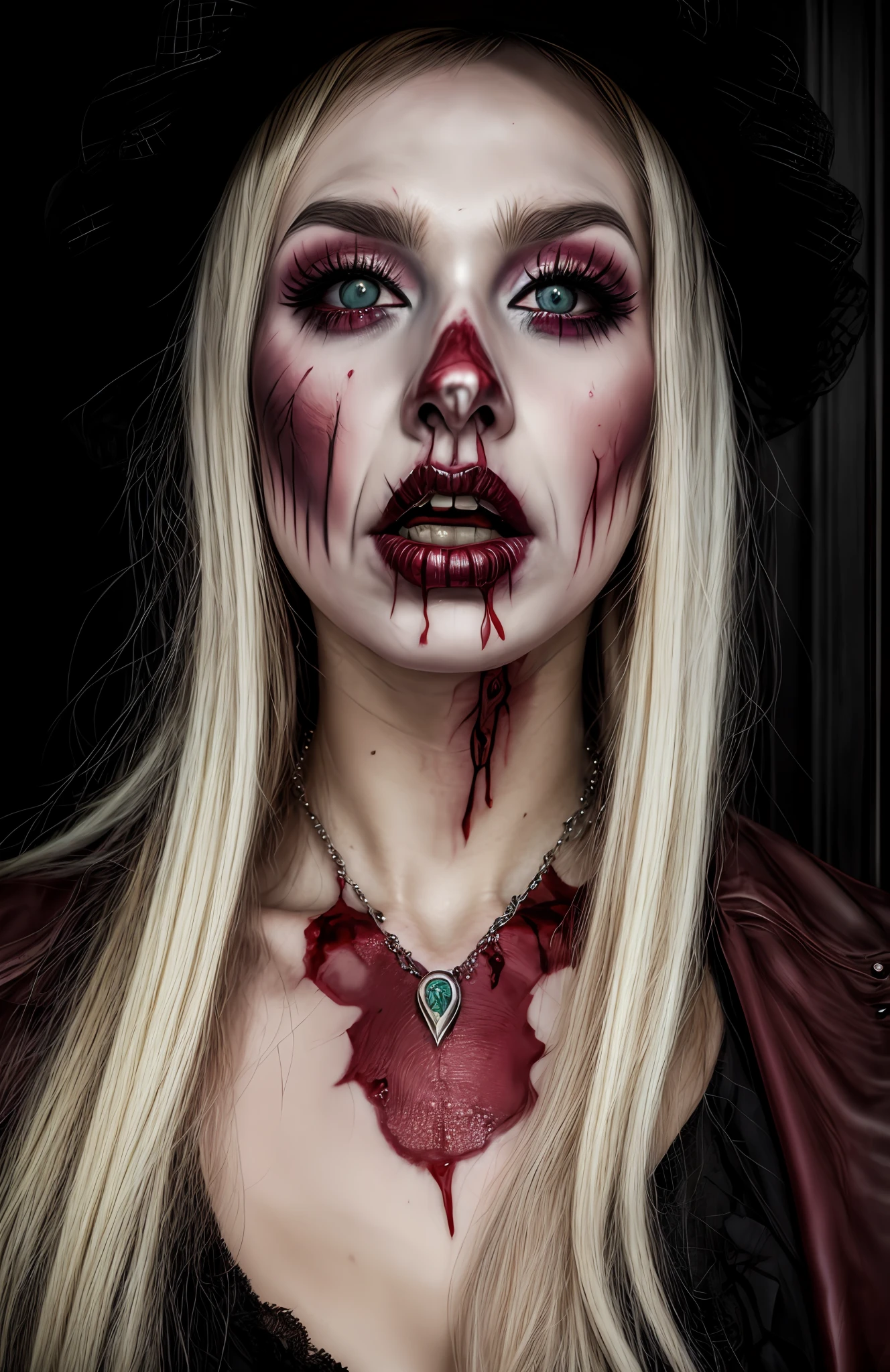 painting of a woman with a bloody lip and a necklace, ahegao, ahegao face, drag, bloody brutal and, brutal bloody makeup, ava max, cute zombie, profile picture, hauntingly cute zombie, portrait of kim petras, inspired by Gee Vaucher, scary look, heavy makeup.
