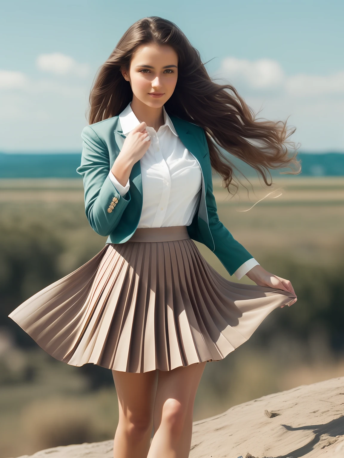 authentic (kind and tender) good woman wearing a short blazer with a very very detailed (long (fully pleated) full circle skirt) and (simple) low heeled office shoes, very very intricate hyper-detailed symmetric (attractive graceful young feminine face) with (sad, tired eyes and shy smile), full of empathy and compassion and love, (pronounced (feminine) features), (highly detailed ultra accurate realistic) hands and fingers, (windy conditions and wind blowing), epic composition, highly detailed attributes, highly detailed atmosphere, (35mm f1.4 Kodak portra 400 photograph), extremely high quality RAW photograph, detailed space operation communications background, intricate, Exquisite details and textures,