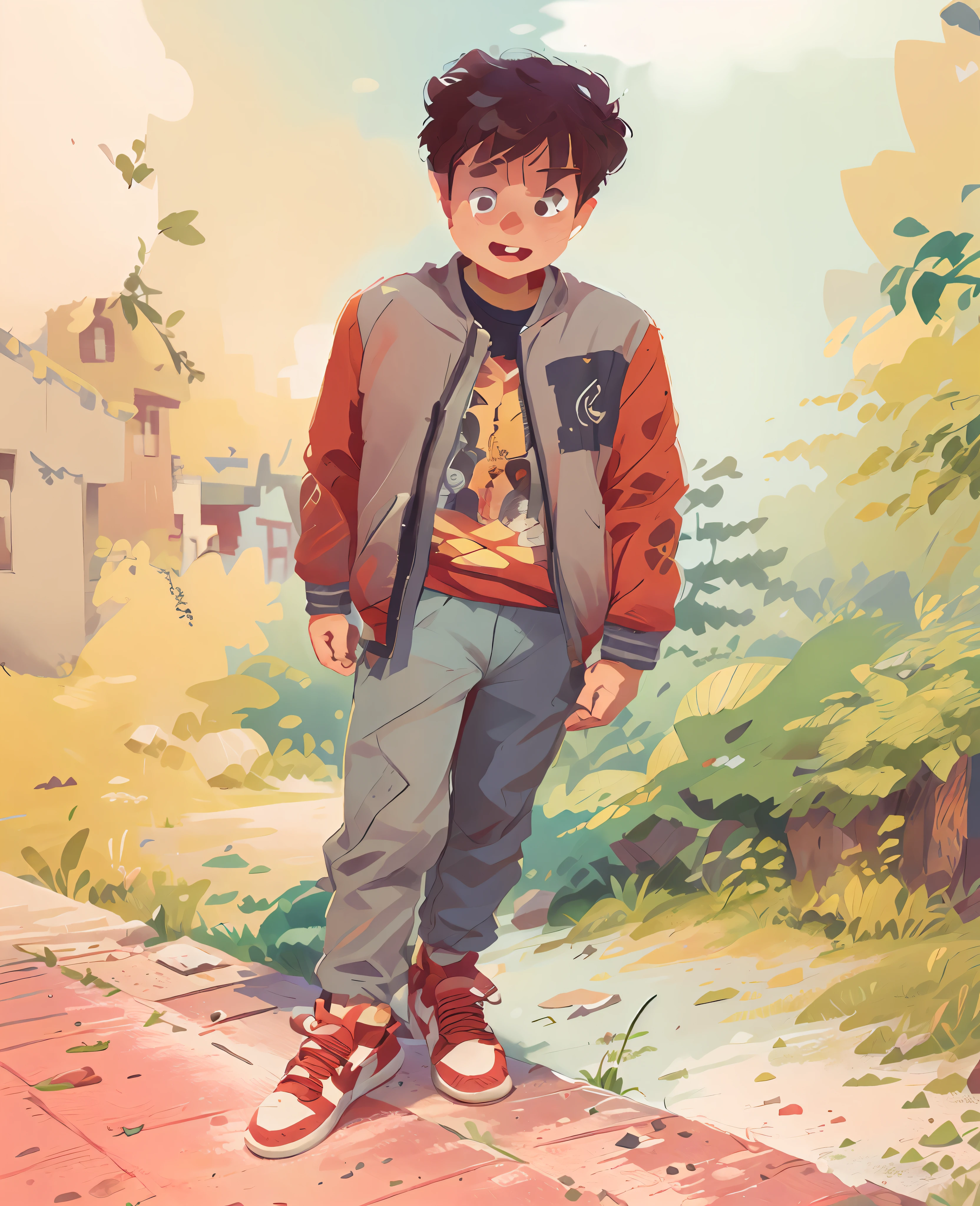 A 5--old starts in front of a sidewalk. Red sneakers, grey tracksuit and a grey jacket. (Very detailed face: 1.5), (big smile: 1.2), (real eyes: 1.2), 8k