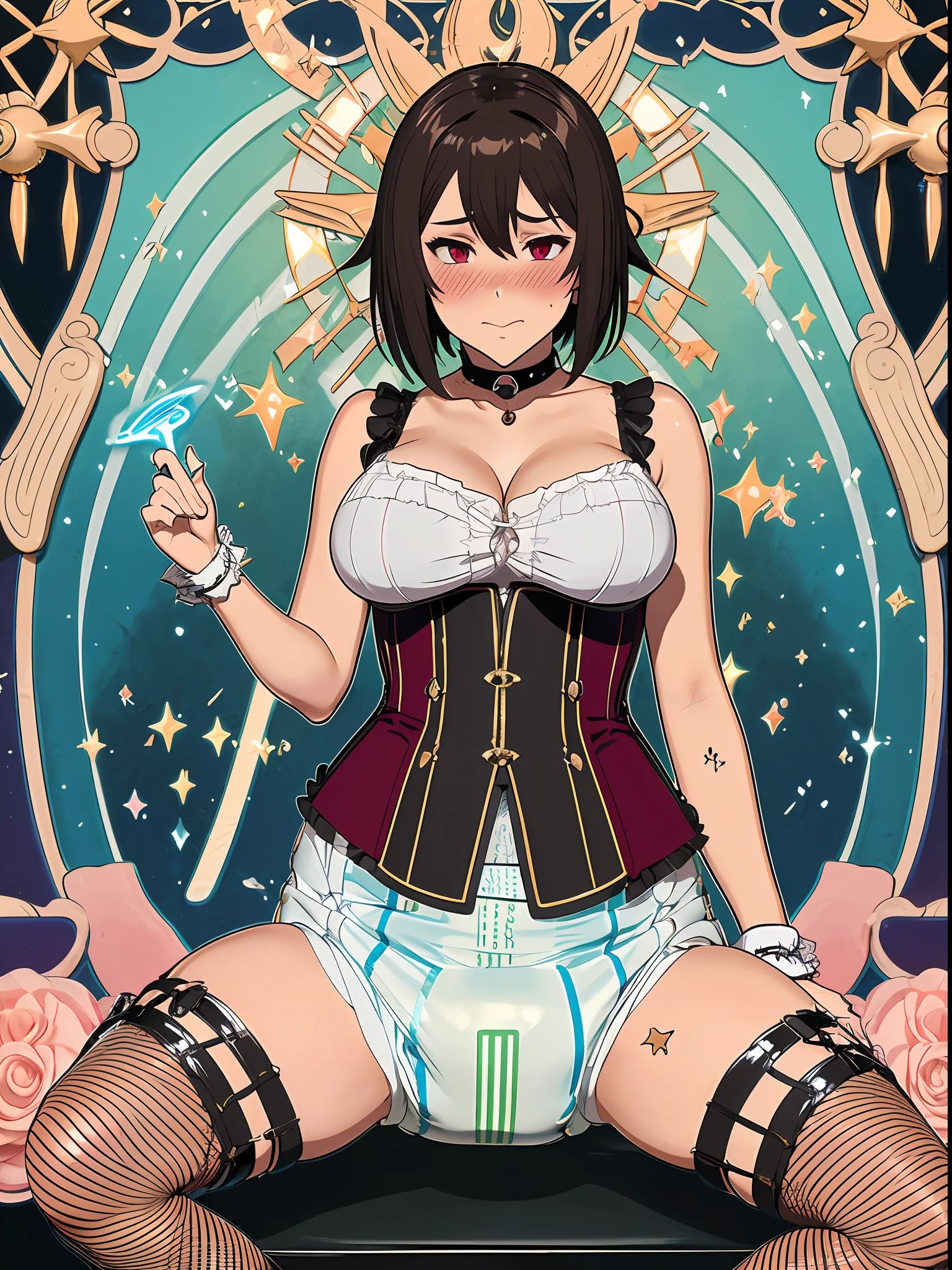 Sexy magician girls wearing (big diaper), busty, big breasts, wide hips, (latex), stockings, fishnets, corsets, (hypnotized expression), ((hypnotic)), ((magical)), (blushing), ((embarrassed expression)), stage, stage lights, pleasure, ((orgasmic)), ((ahego))