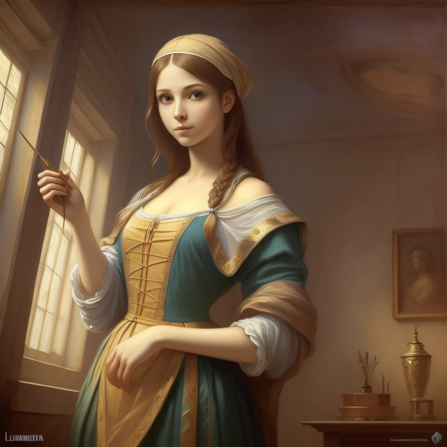 The Most Beautiful Girl in the World Oil painting, highly detailed, art by Leonardo da Vinci and Greg Rutkowski in the style of impressionism. arts station, unreal engine, fantasy, concept art, illustration, soft, sharp focus,