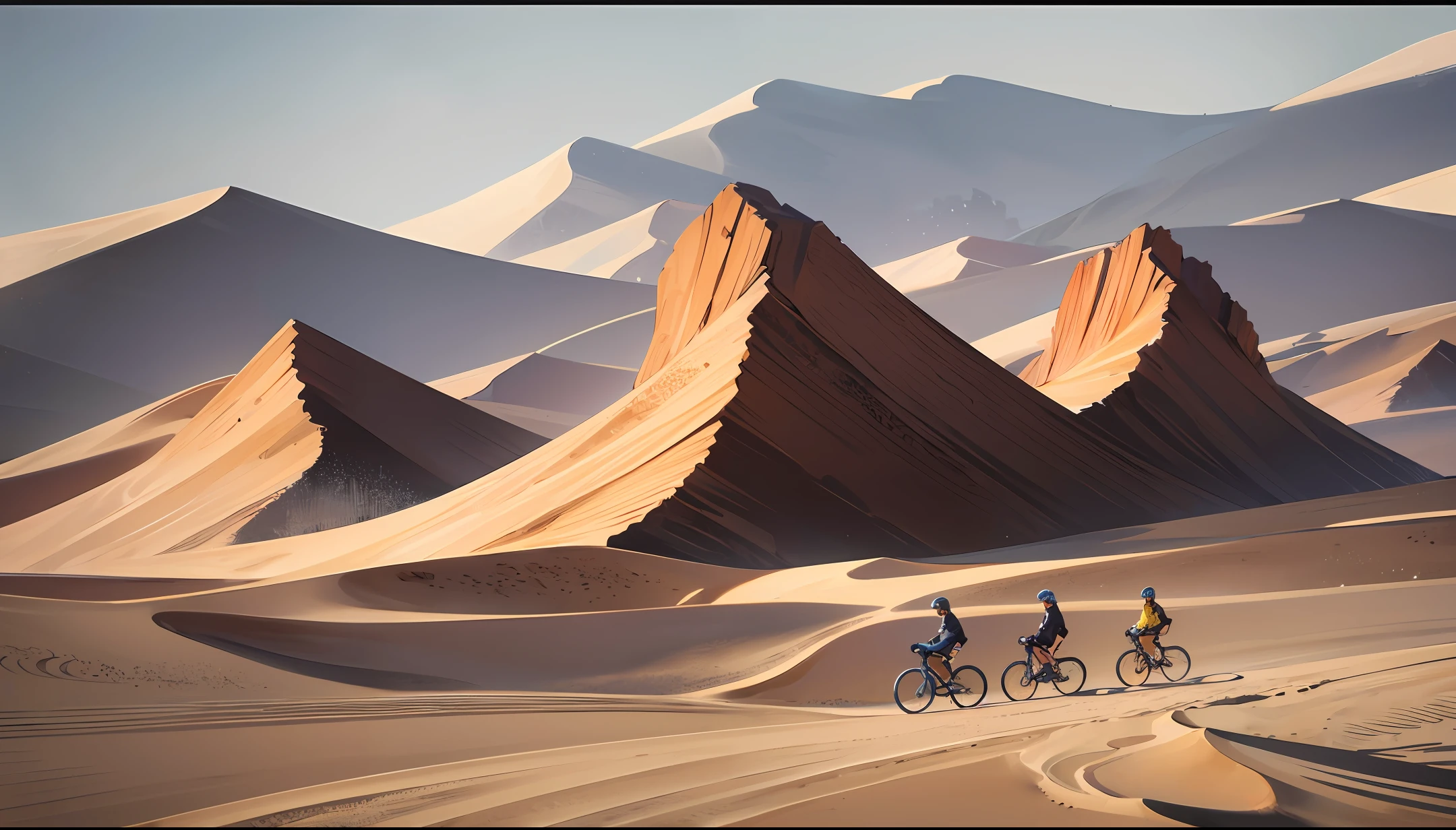 three people riding bikes on a dirt road in the desert, cinematic silk road lanscape, stunning image, decorated, journey, recreation, triumphant, mongolia, sand dunes, motivational, cycling!!, explore, exploration, you won't believe it, bicycles, unwind!, comfortable, featured, reddit post, full of sand and dust, awe - inspiring award - winning, prettt --auto --s2