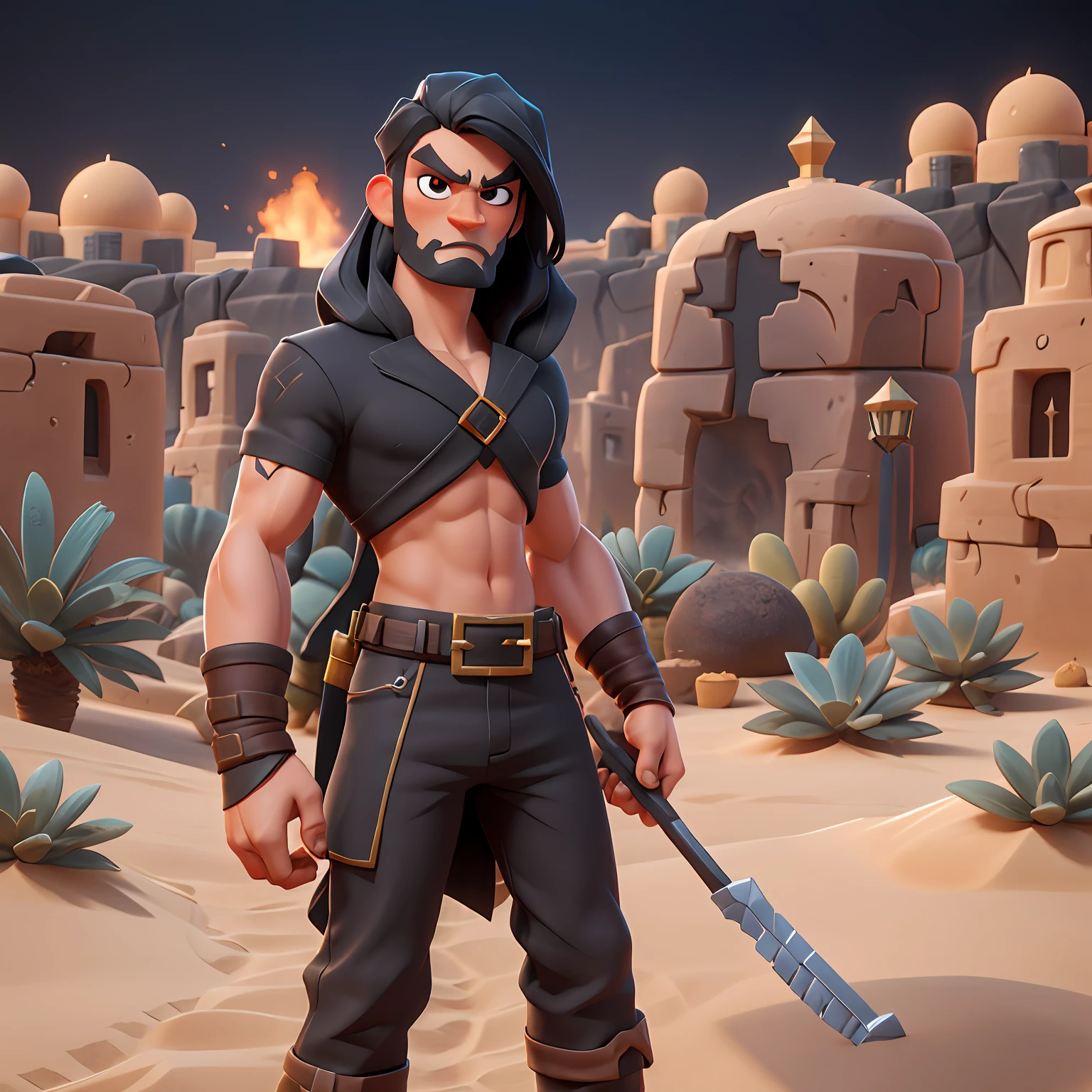 Thief with long straight black hair, no beard, hot desert, "brawl stars"
