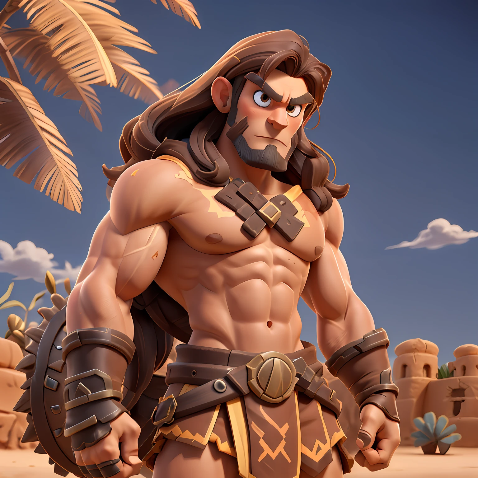 Warrior with long straight brown hair, no beard, tanned skin, muscular body, hot desert, "brawl stars"