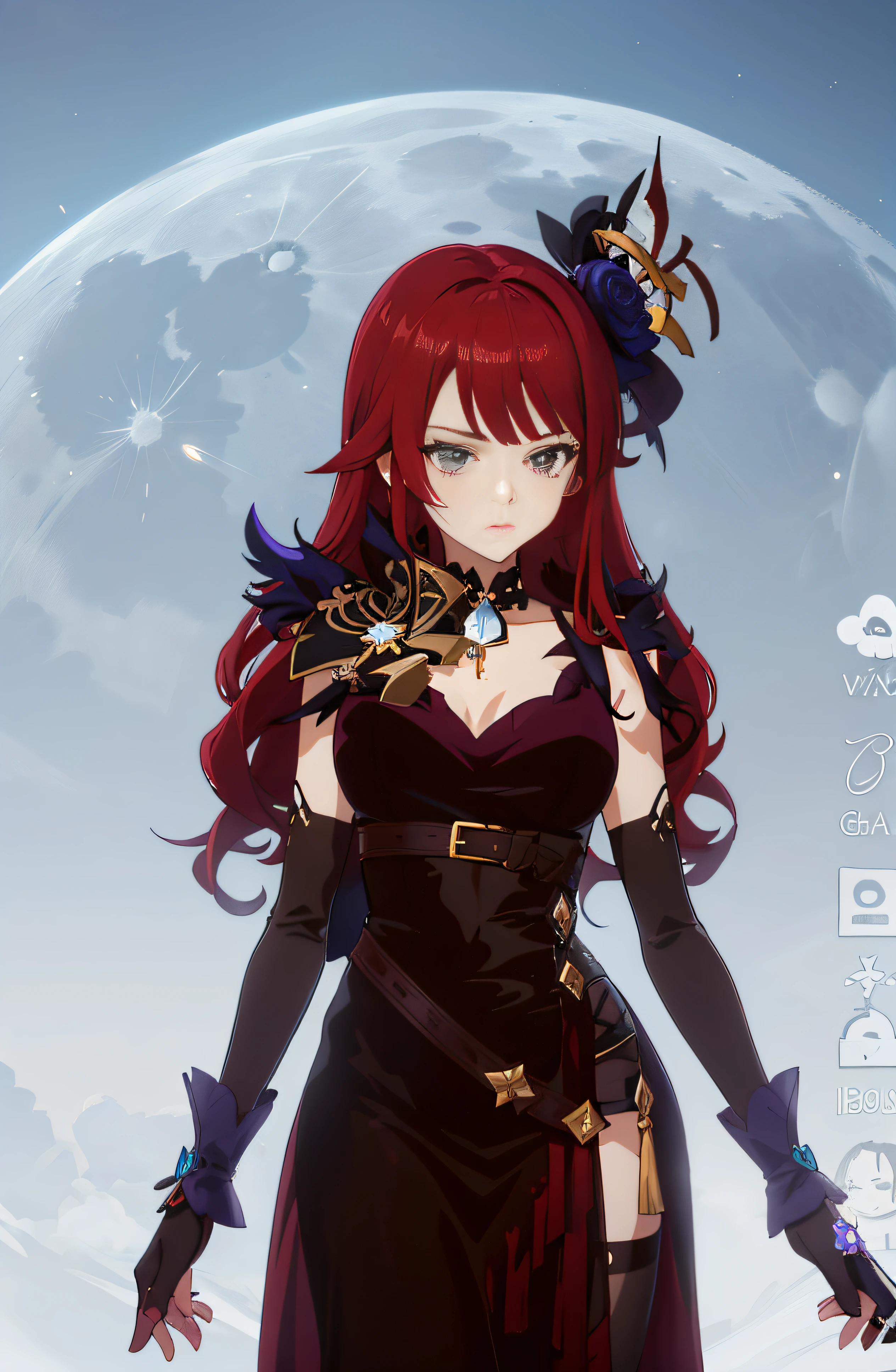 anime character with red hair and a black dress standing in front of a full moon, ayaka genshin impact, shalltear bloodfallen, gothic maiden anime girl, my dress up darling anime, ayaka game genshin impact, hanayamata, highly detailed character, anime girl wearing a black dress, astral witch clothes, beautiful screenshot, 8 k character details