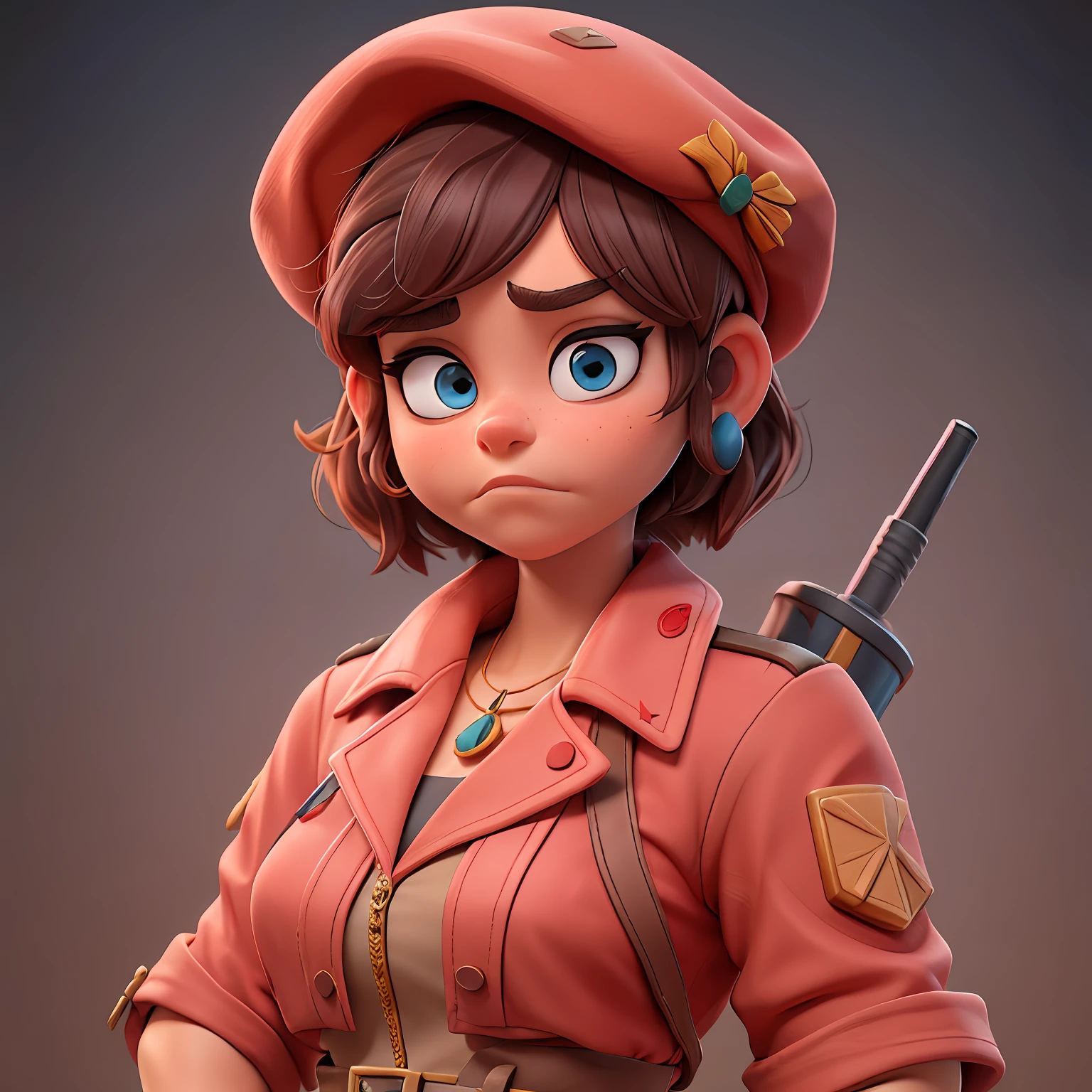 character "Piper" (Sarah Hyland) wearing "red journalist clothes" from the "60s", black hair, beret-like hat, thick eyebrows, brown eyes, game "Fallout 4"