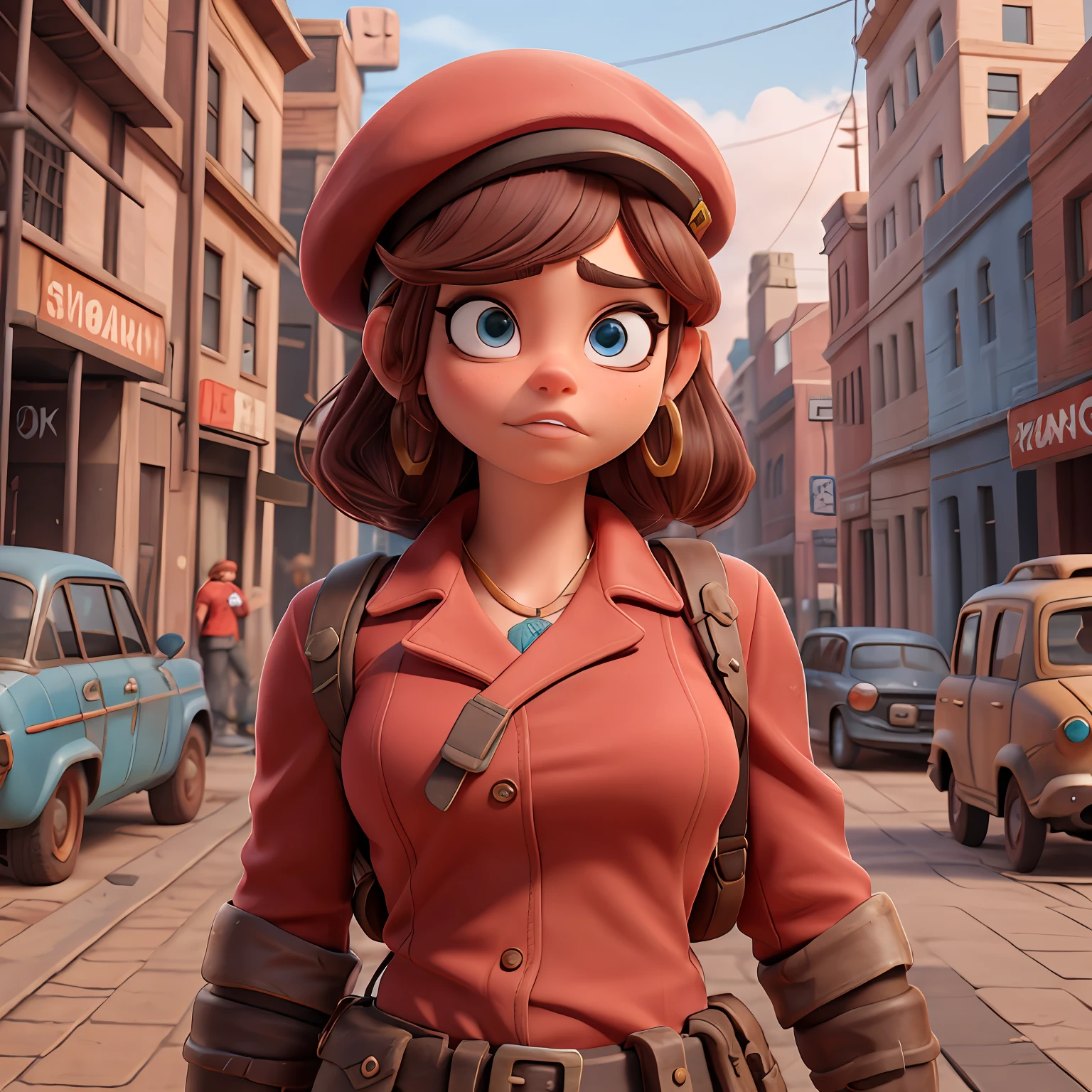 character "Piper" (Sarah Hyland) wearing "red journalist clothes" from the "60s", black hair, beret-like hat, thick eyebrows, brown eyes, game "Fallout 4"