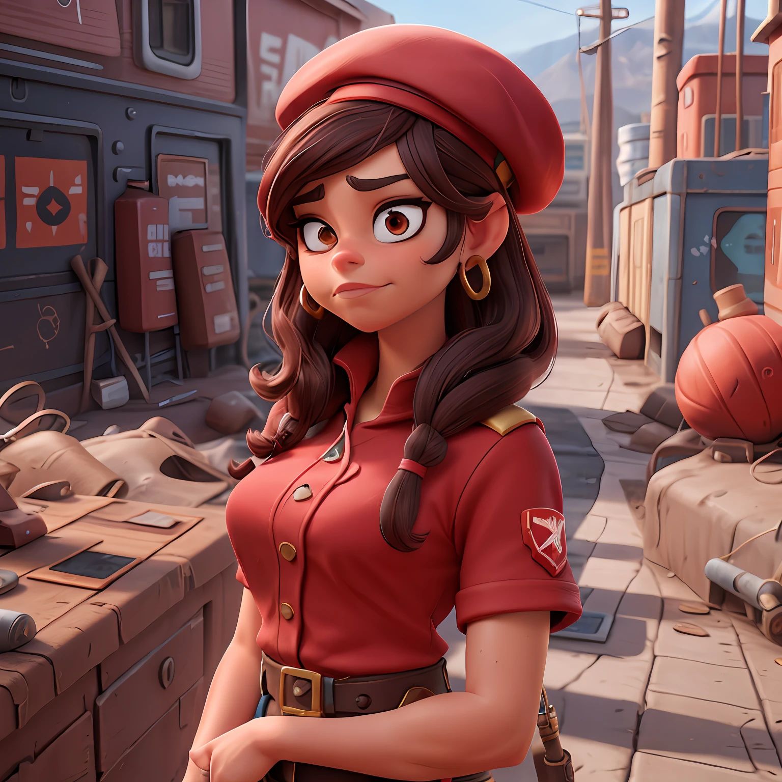 character "Piper" (Sarah Hyland) wearing "red journalist clothes" from the "60s", black hair, beret-like hat, thick eyebrows, brown eyes, game "Fallout 4"