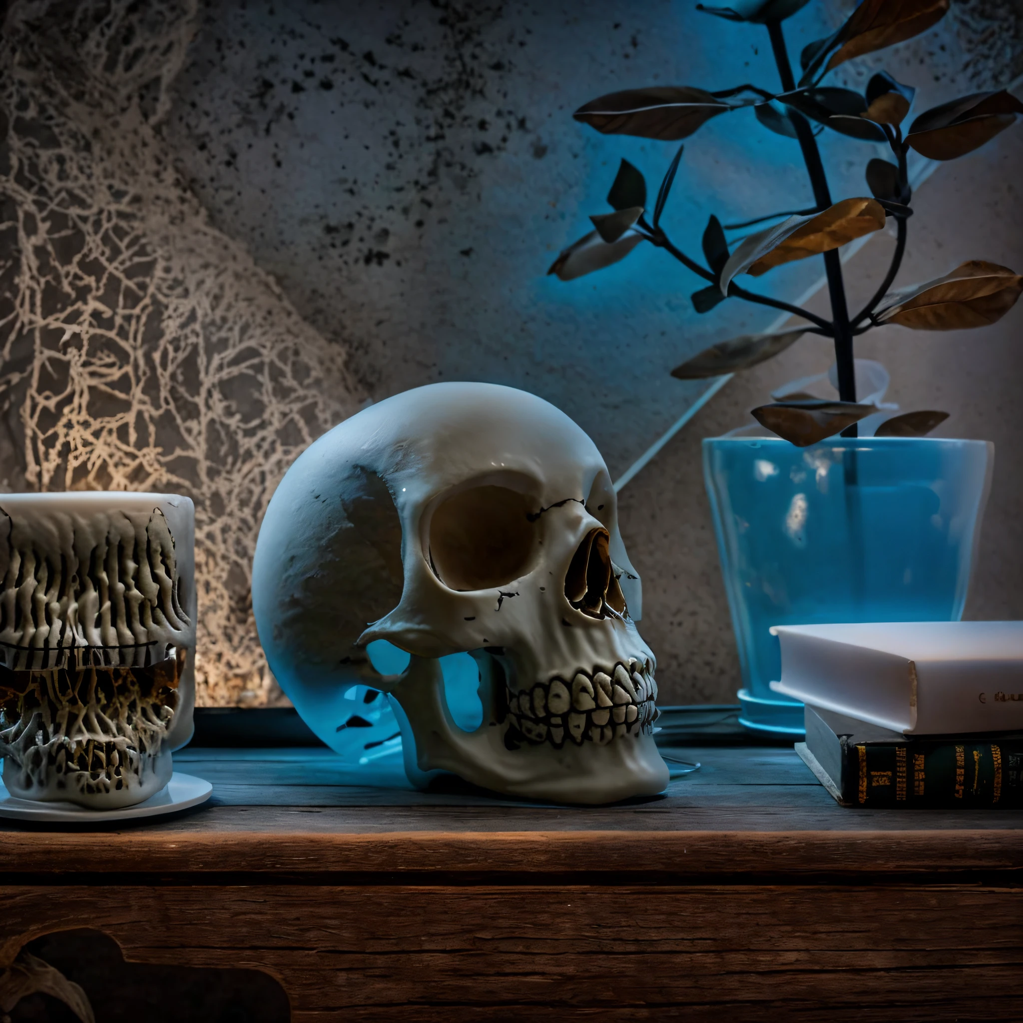 there is a white skull lamp sitting on a table next to a window, made of glowing wax and ceramic, warm ambient light, there is a skull over a table, gentle ambient lighting, warm ambient lighting, mood light, light lighting side view, skull like, warm light, soft ambient lighting, soft glow, very very creepy, glass skull, warm glow, very creepy