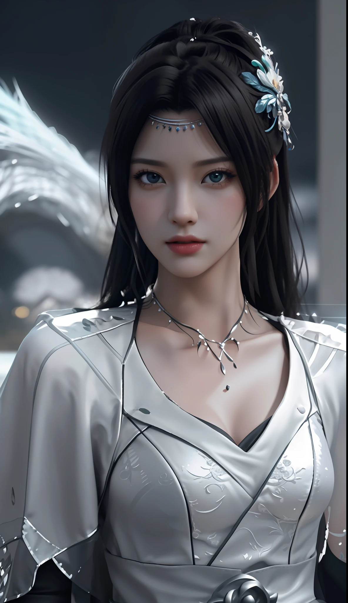 Black background wall, blurred background, highest quality, close-up of a woman, perfect face, perfect figure, alluring, charming, ultra hd, textured skin, super detail, 8k, super fine, extra large breasts, huge breasts, breast exposure, perfect face, delicate eyes, seductive, charming, half, 3d rendered character art 8K, fantasy characters, 3DCG, close-up of a woman, perfect face, perfect figure, alluring, charming, hands to the back, looking at me head-on, stereoscopic, textured skin, super detailed characters , 8k, fantasy characters, 3DCG, masterpiece, CGstation, peerless beauty, 3DCG, movie bloom, movie soft light, skin type, flawless, delicate nose, peerless beauty, sister, royal sister, 3D movie character 8K, movie bloom, movie soft light, skin white as jade, flawless, god